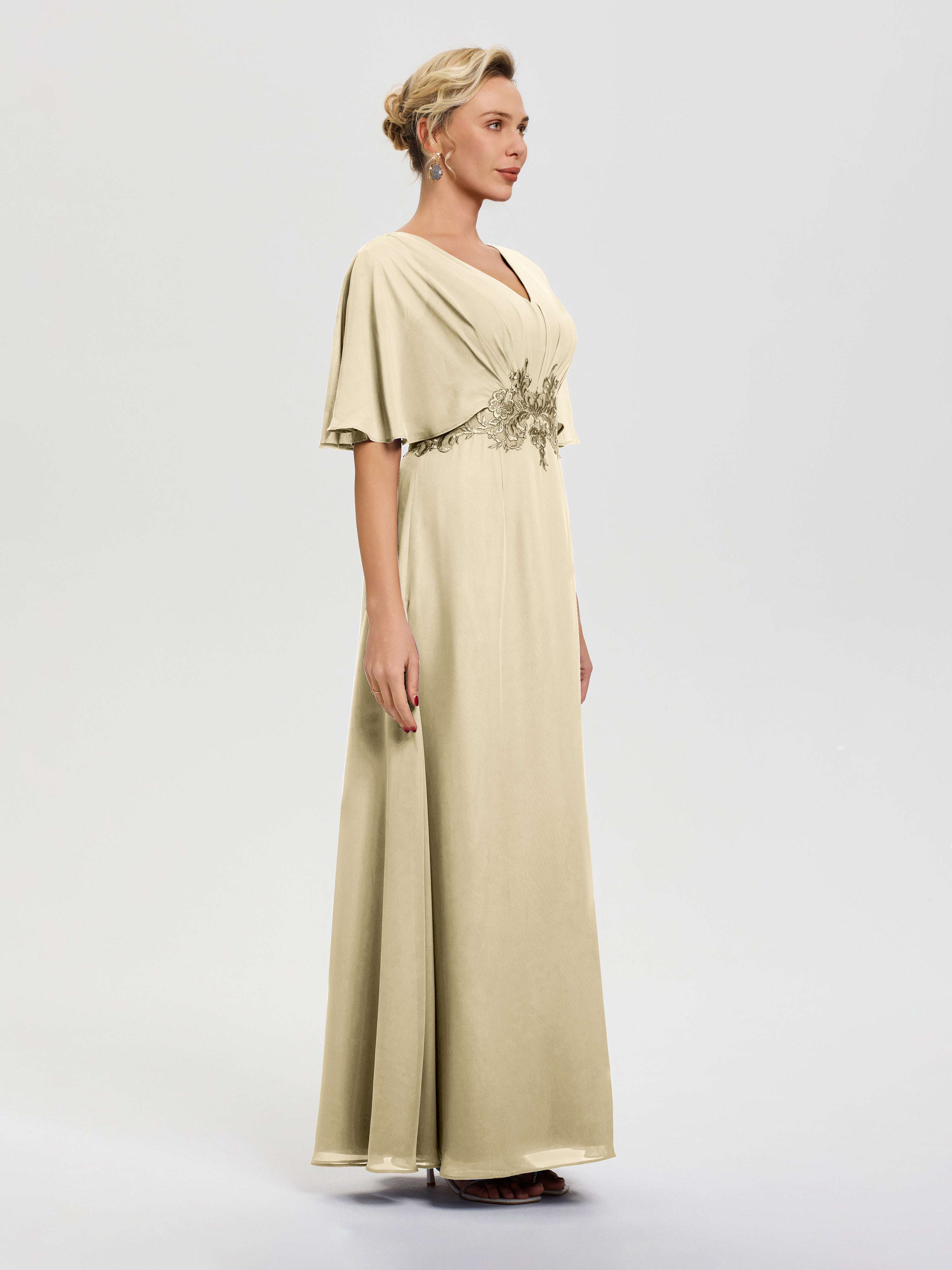 Robe Mere De La Mariee Champagne Mousseline & Dentelle Col V Robe Mère De La Mariée