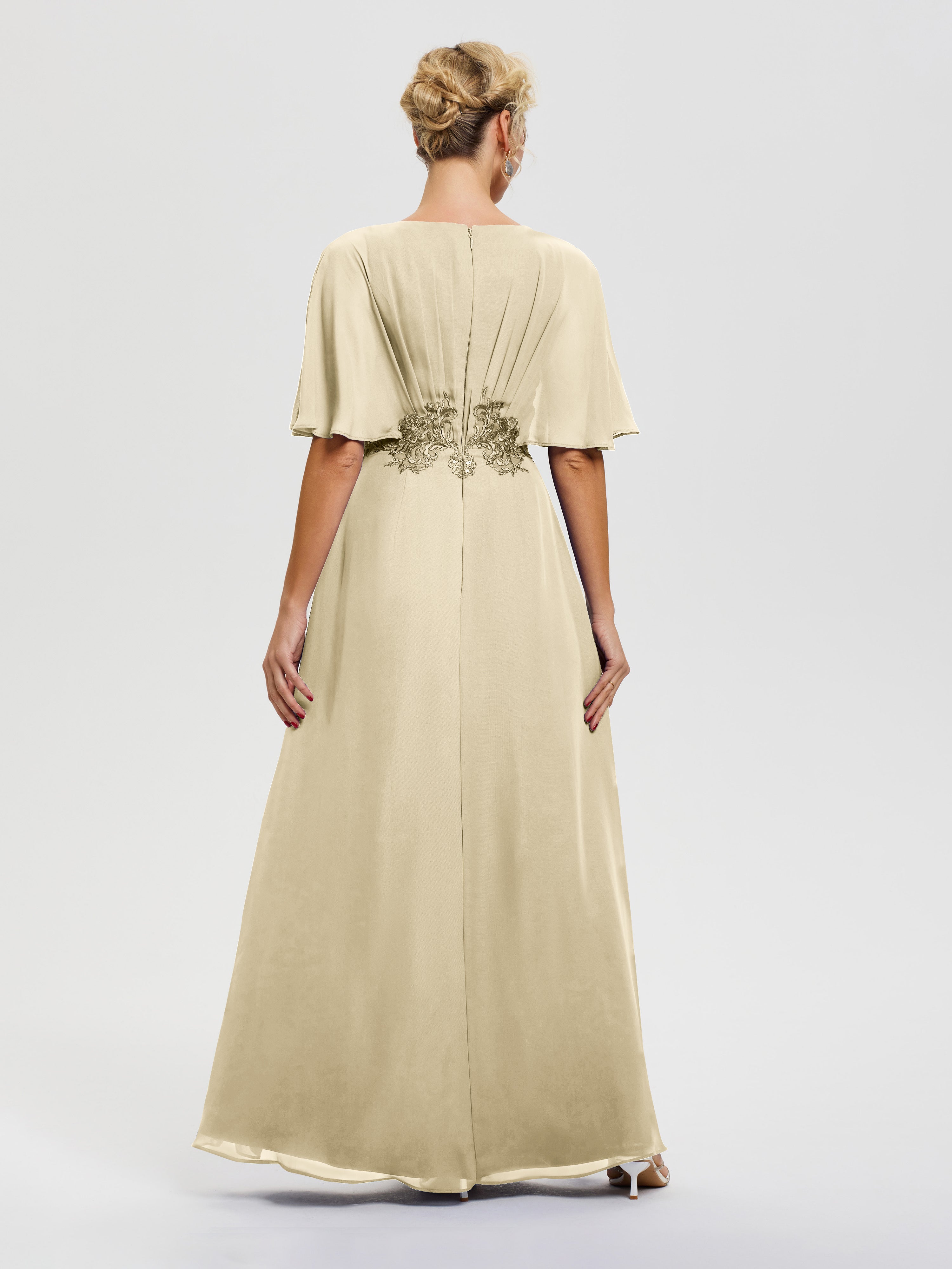 Robe Mere De La Mariee Champagne Mousseline & Dentelle Col V Robe Mère De La Mariée