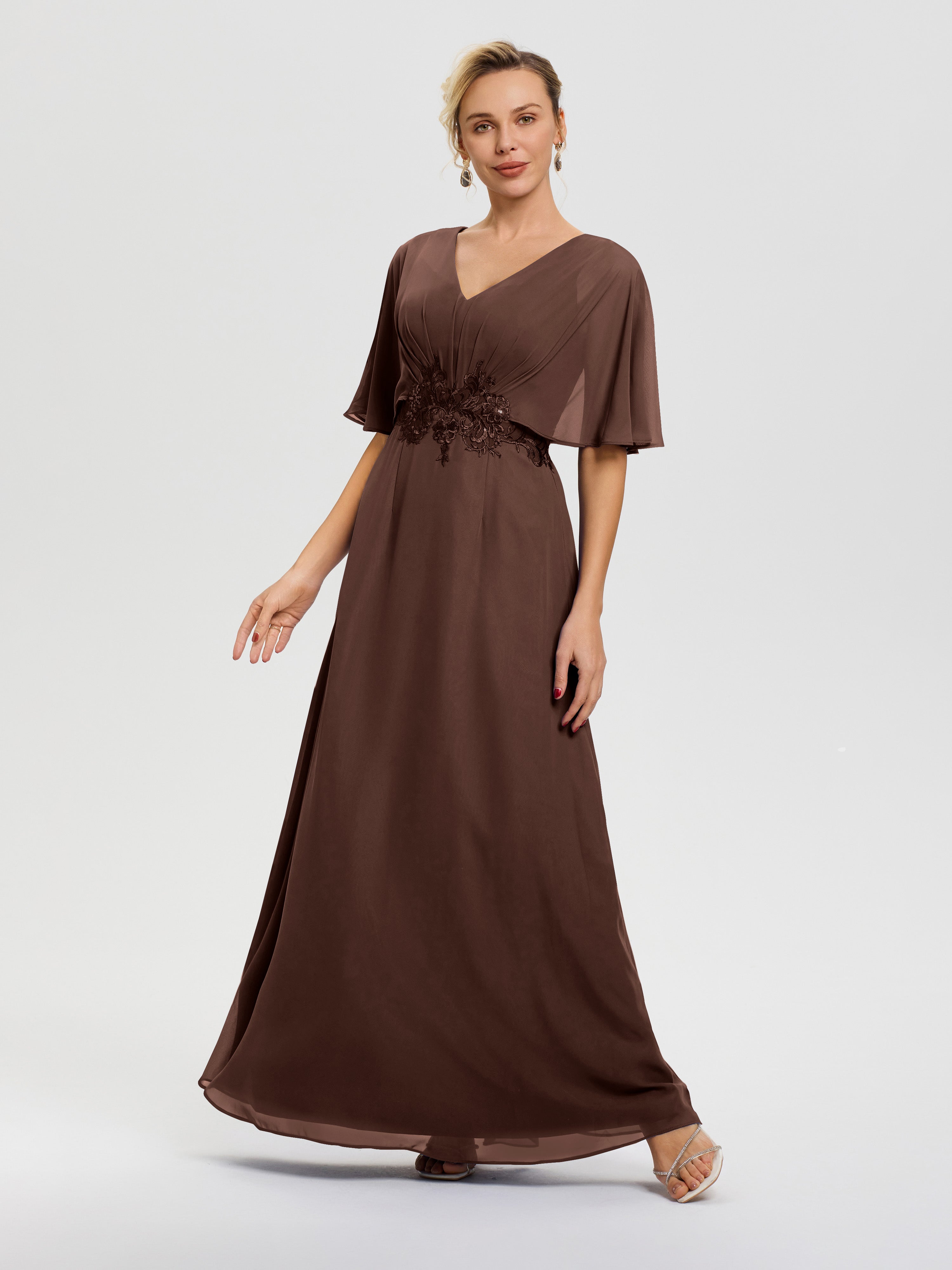 Robe Pour La Mère De La Mariée Chocolat Mousseline & Dentelle Col V Robe Mère De La Mariée