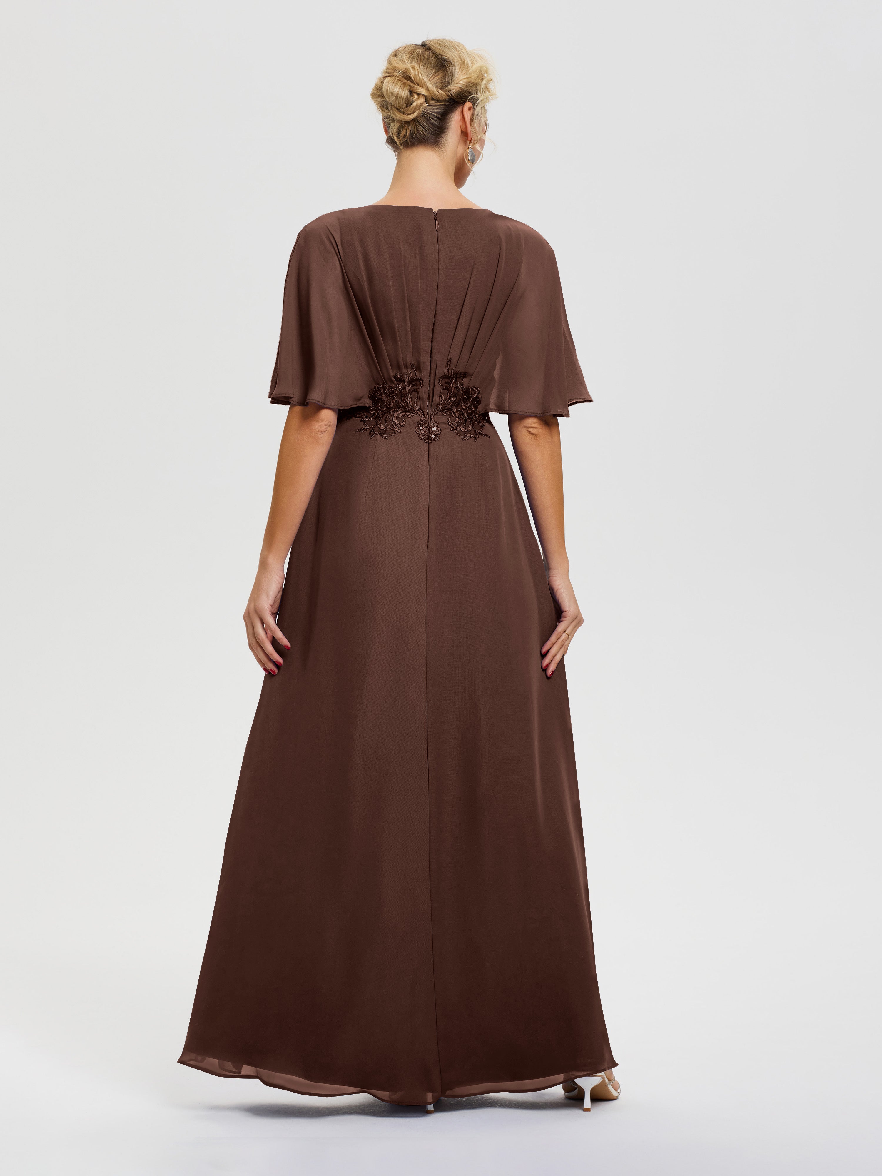 Robe Pour La Mère De La Mariée Chocolat Mousseline & Dentelle Col V Robe Mère De La Mariée