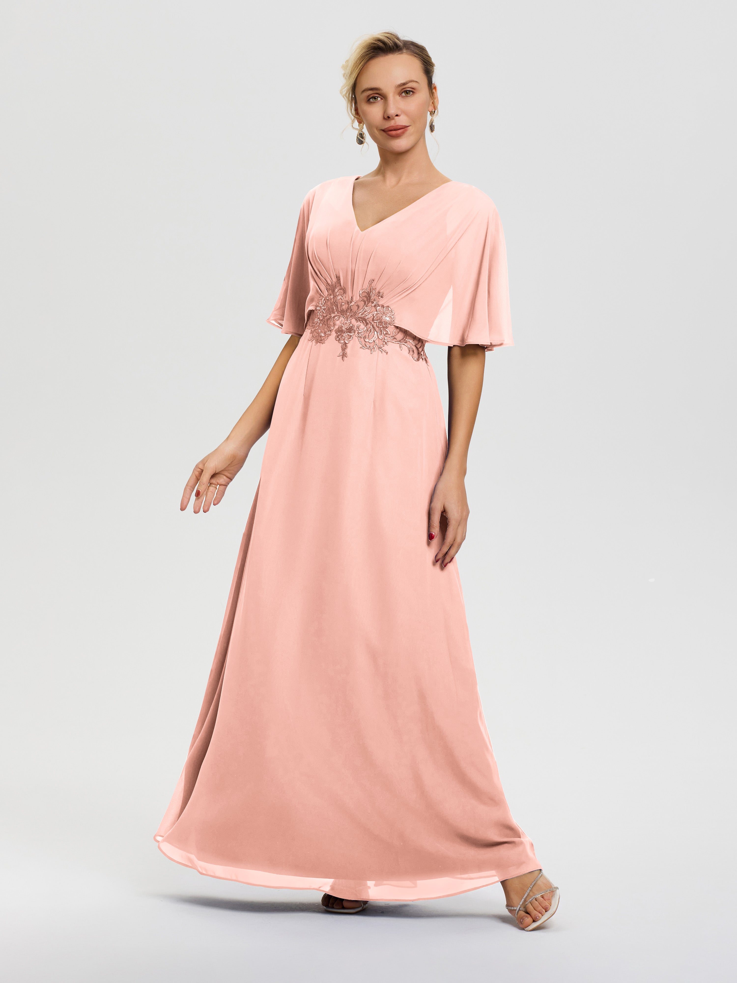 Robe Mère De La Mariée Corail Mousseline & Dentelle Col V Robe Mère De La Mariée