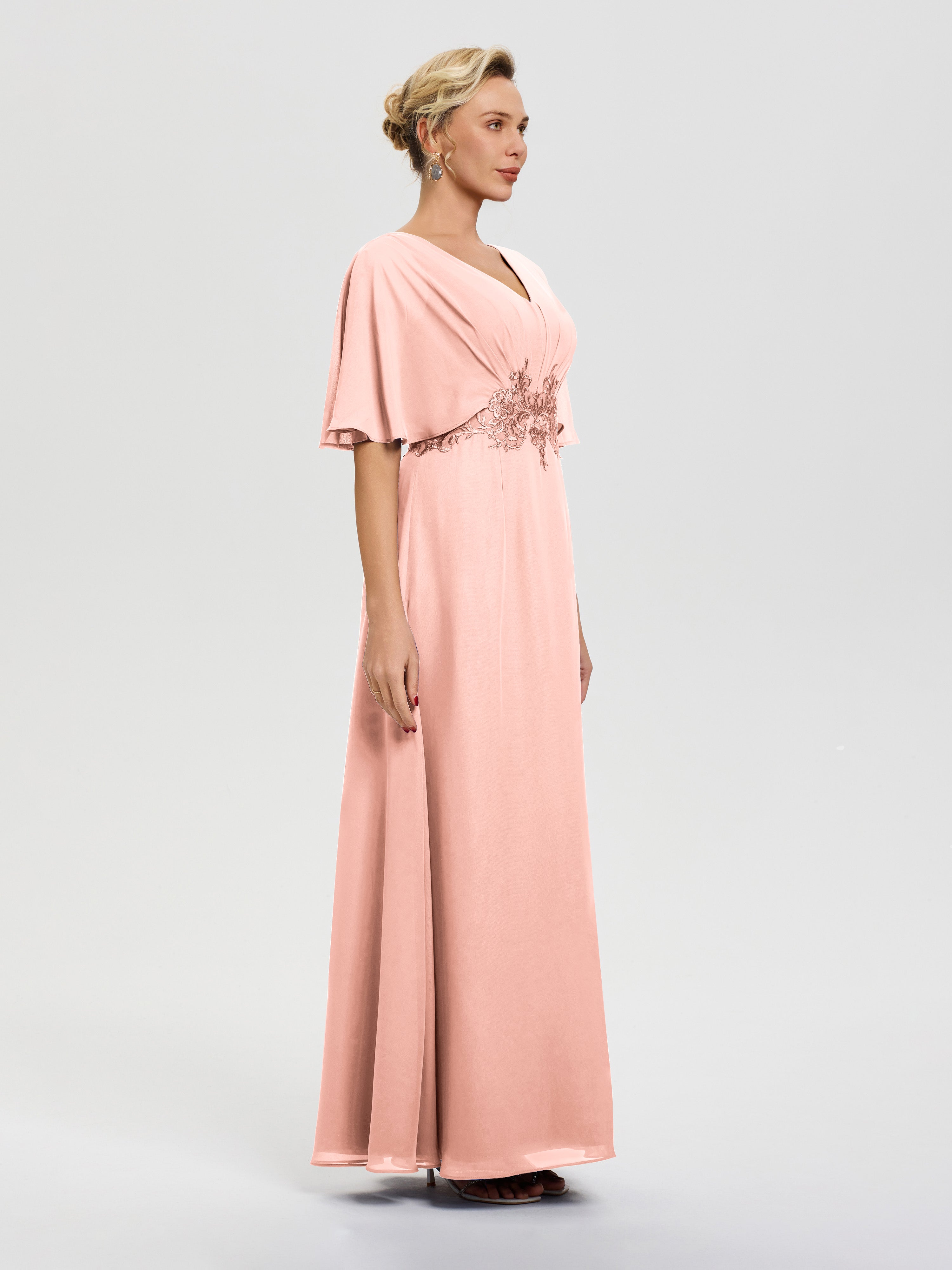 Robe Mère De La Mariée Corail Mousseline & Dentelle Col V Robe Mère De La Mariée