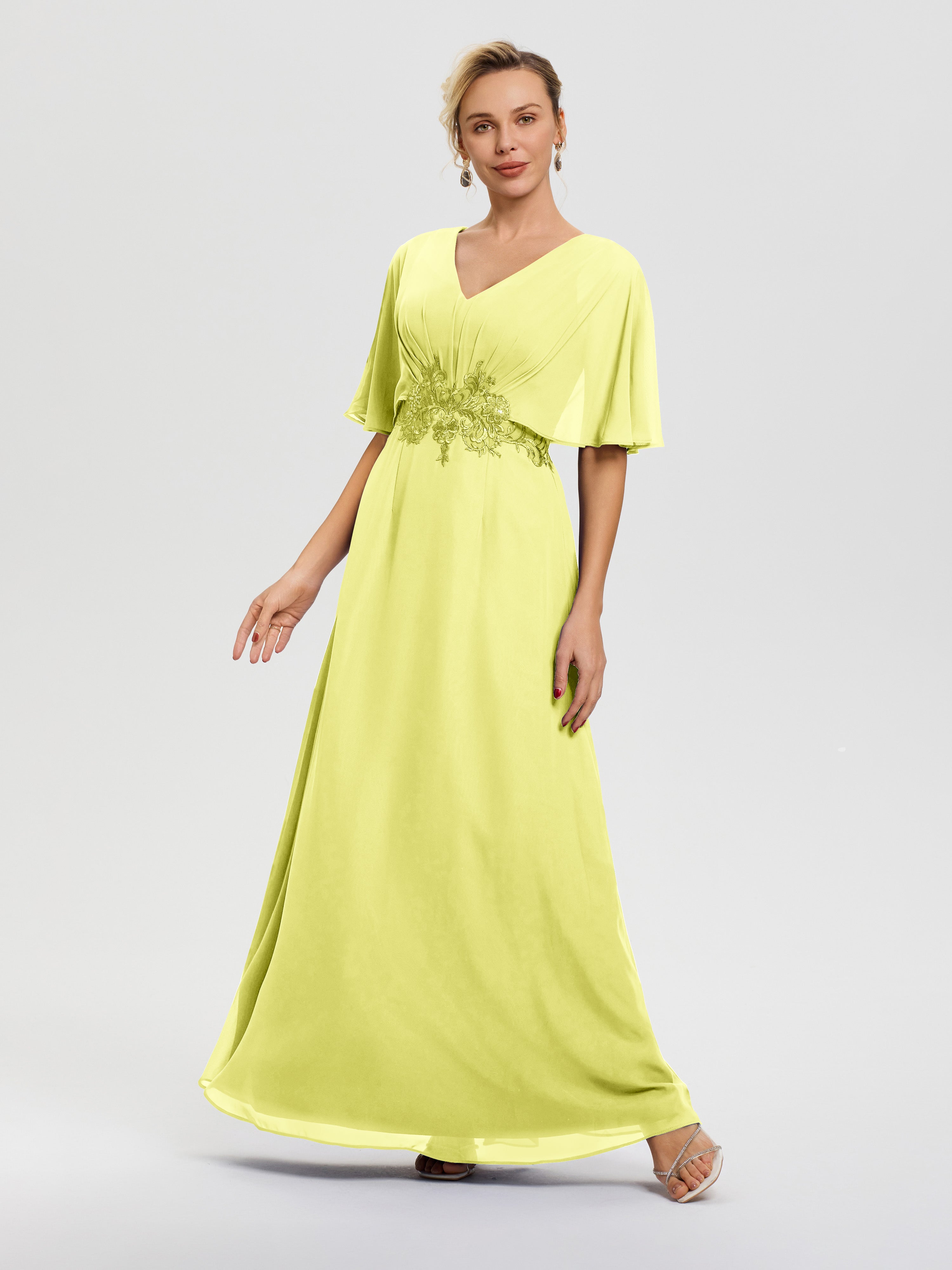 Robe Mariage Mère Du Marié Jonquille Mousseline & Dentelle Col V Robe Mère De La Mariée