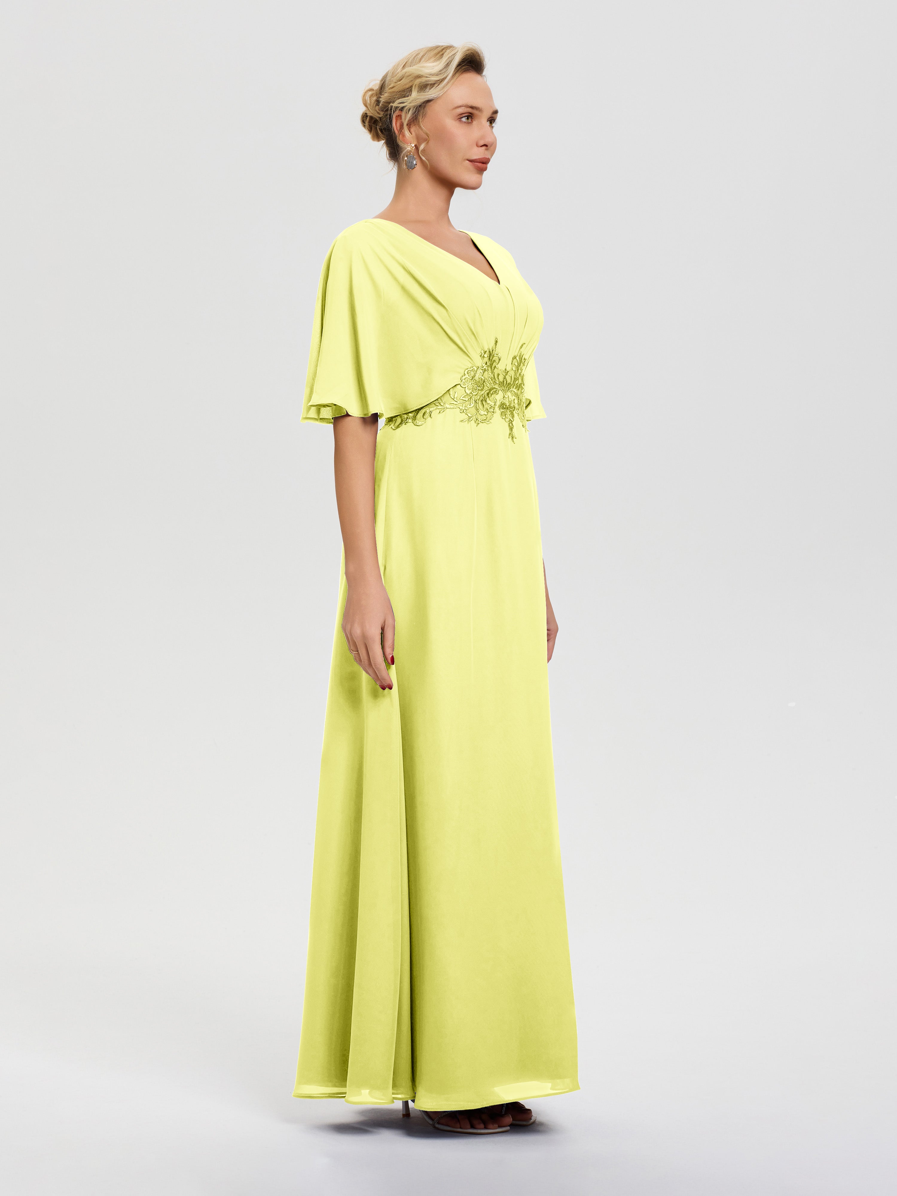 Robe Mariage Mère Du Marié Jonquille Mousseline & Dentelle Col V Robe Mère De La Mariée