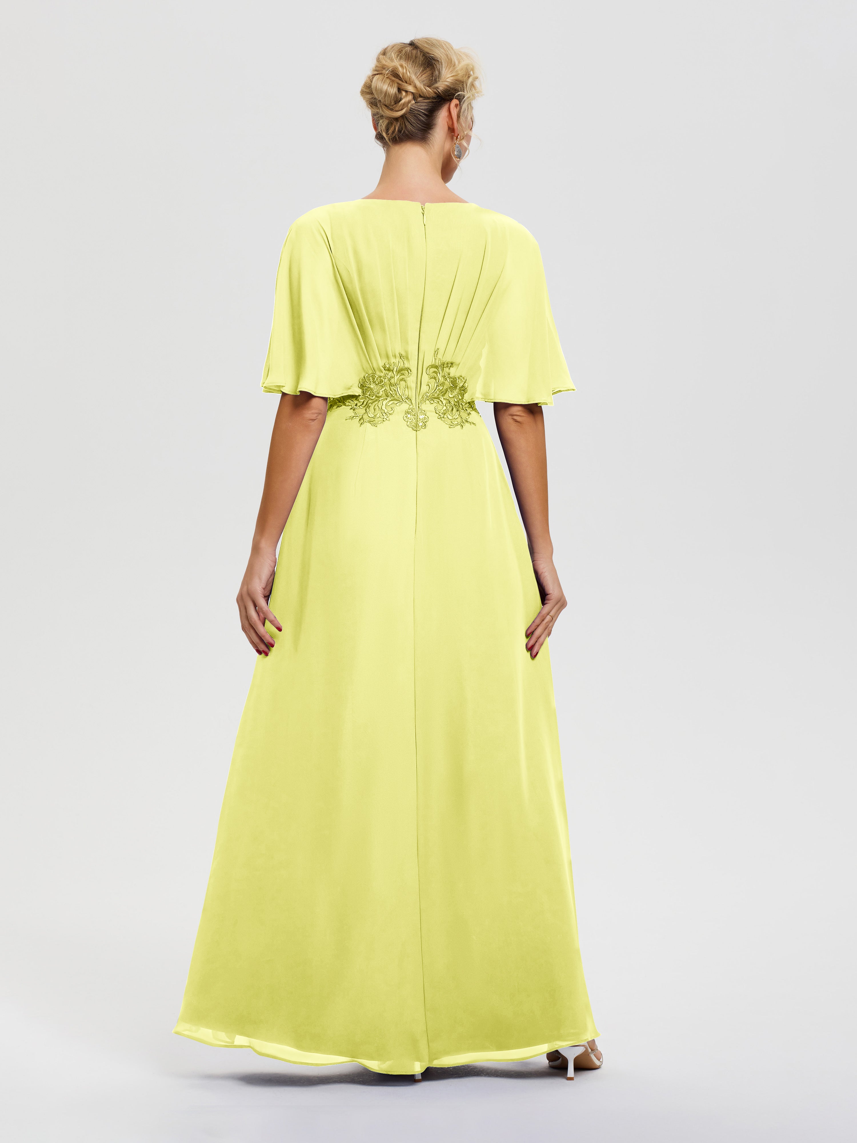 Robe Mariage Mère Du Marié Jonquille Mousseline & Dentelle Col V Robe Mère De La Mariée