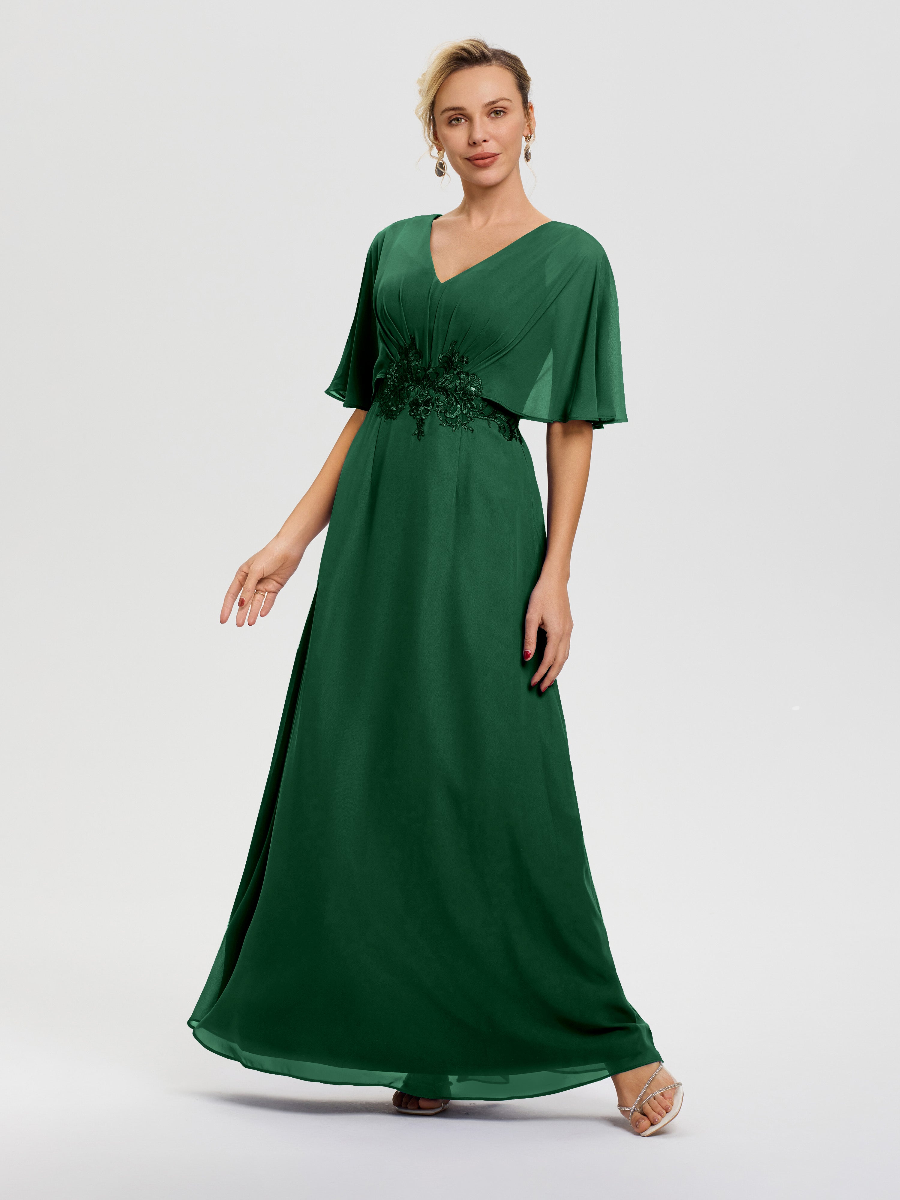 Robe Cérémonie Mère Du Marié Vert Foncé Mousseline & Dentelle Col V Robe Mère De La Mariée