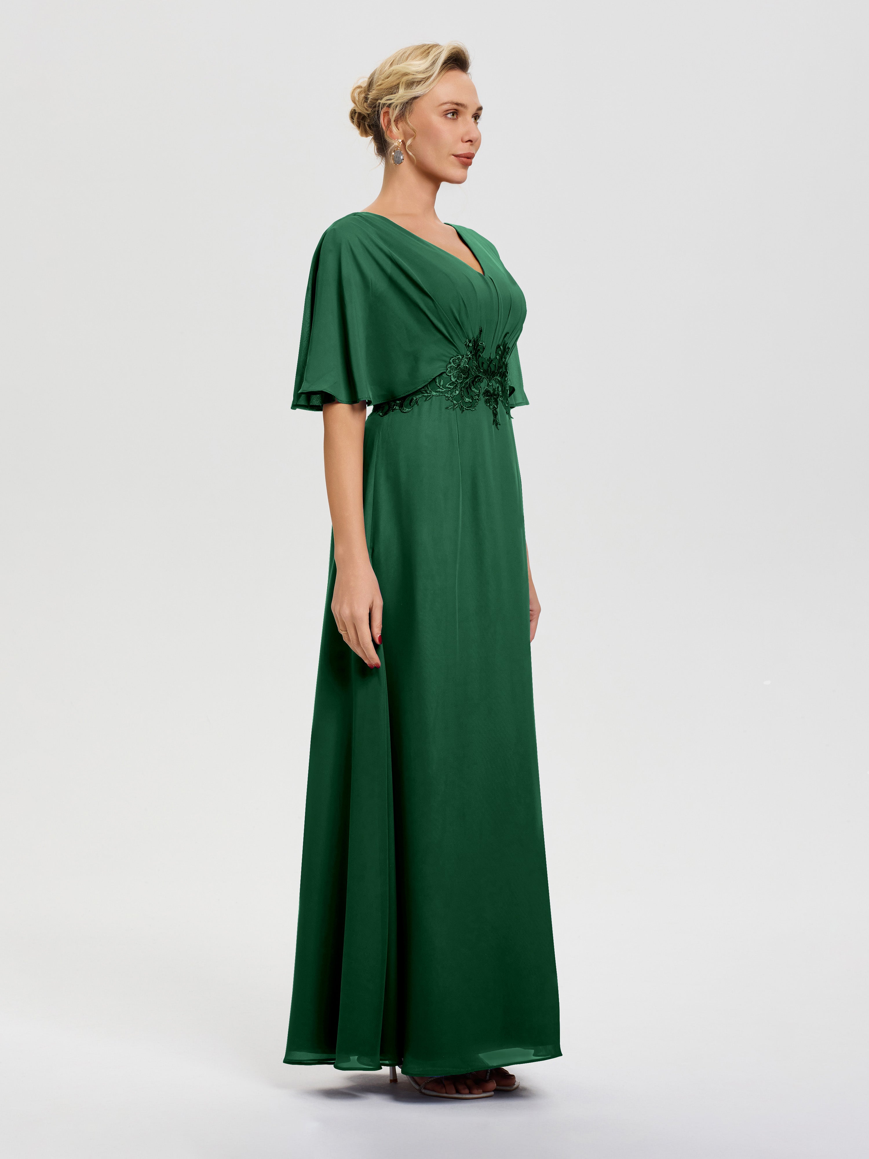 Robe Cérémonie Mère Du Marié Vert Foncé Mousseline & Dentelle Col V Robe Mère De La Mariée