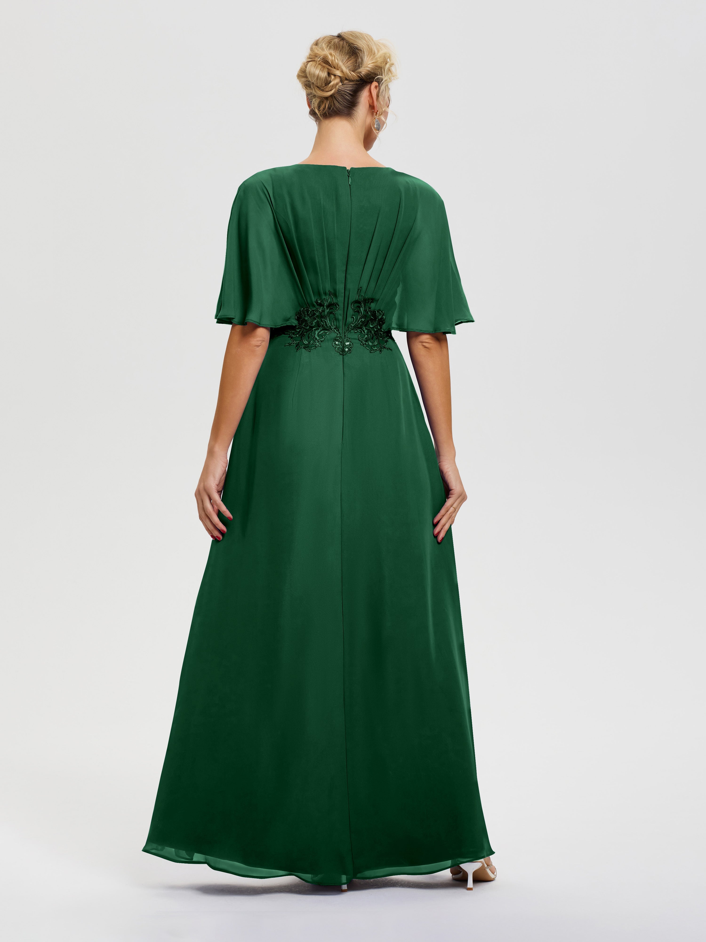 Robe Cérémonie Mère Du Marié Vert Foncé Mousseline & Dentelle Col V Robe Mère De La Mariée
