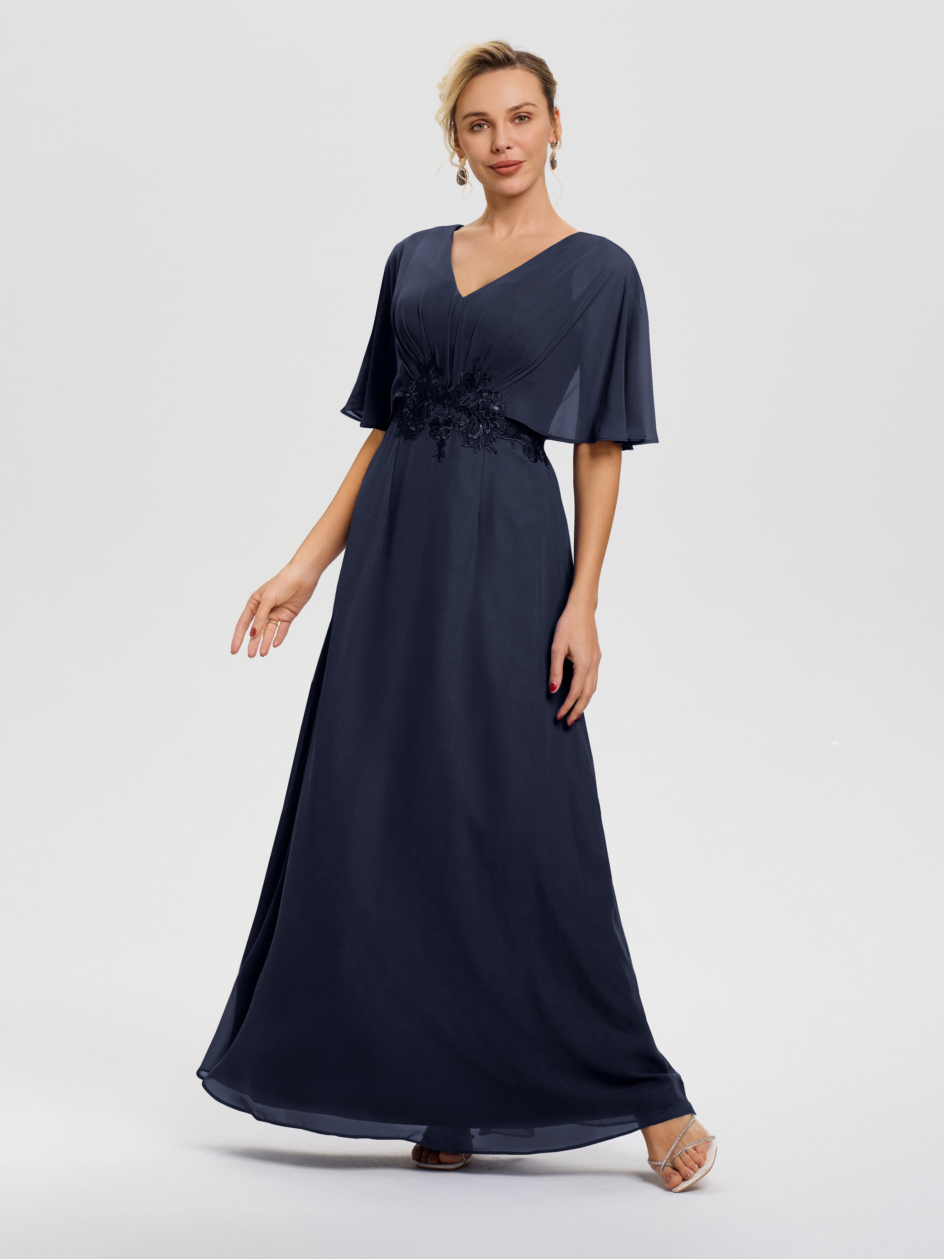 Robe Mère Mariée Bleu Marine Mousseline & Dentelle Col V Robe Mère De La Mariée