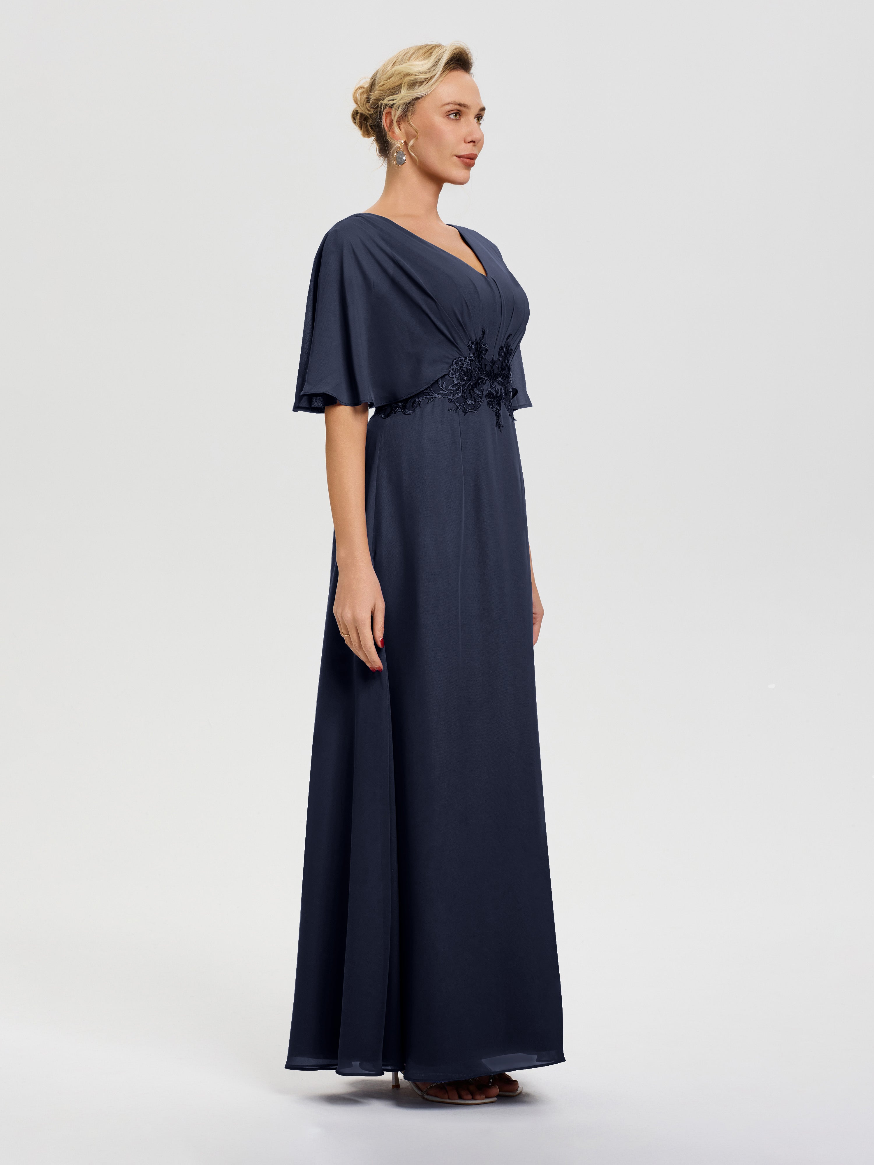 Robe Mère Mariée Bleu Marine Mousseline & Dentelle Col V Robe Mère De La Mariée