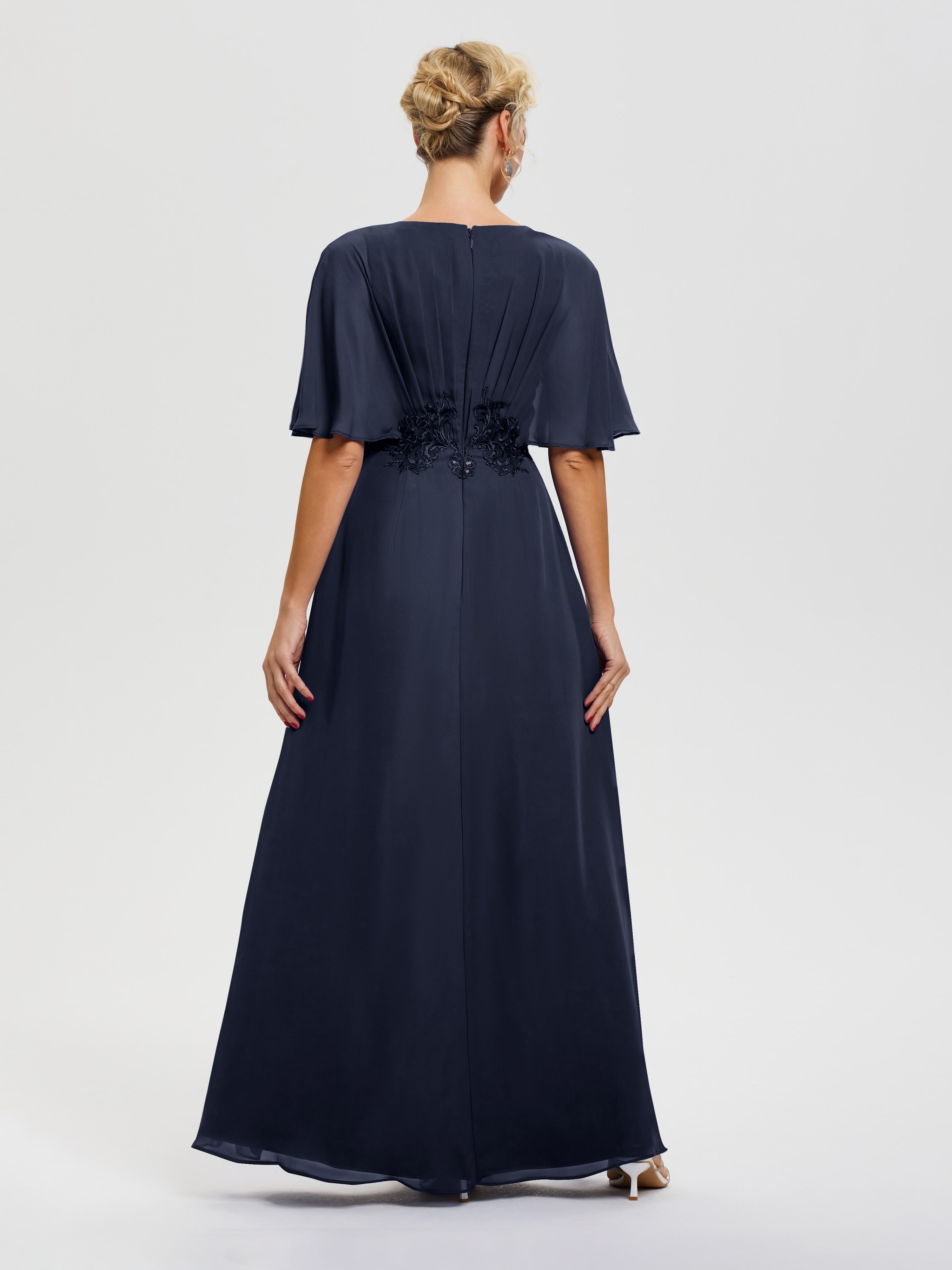 Robe Mère Mariée Bleu Marine Mousseline & Dentelle Col V Robe Mère De La Mariée