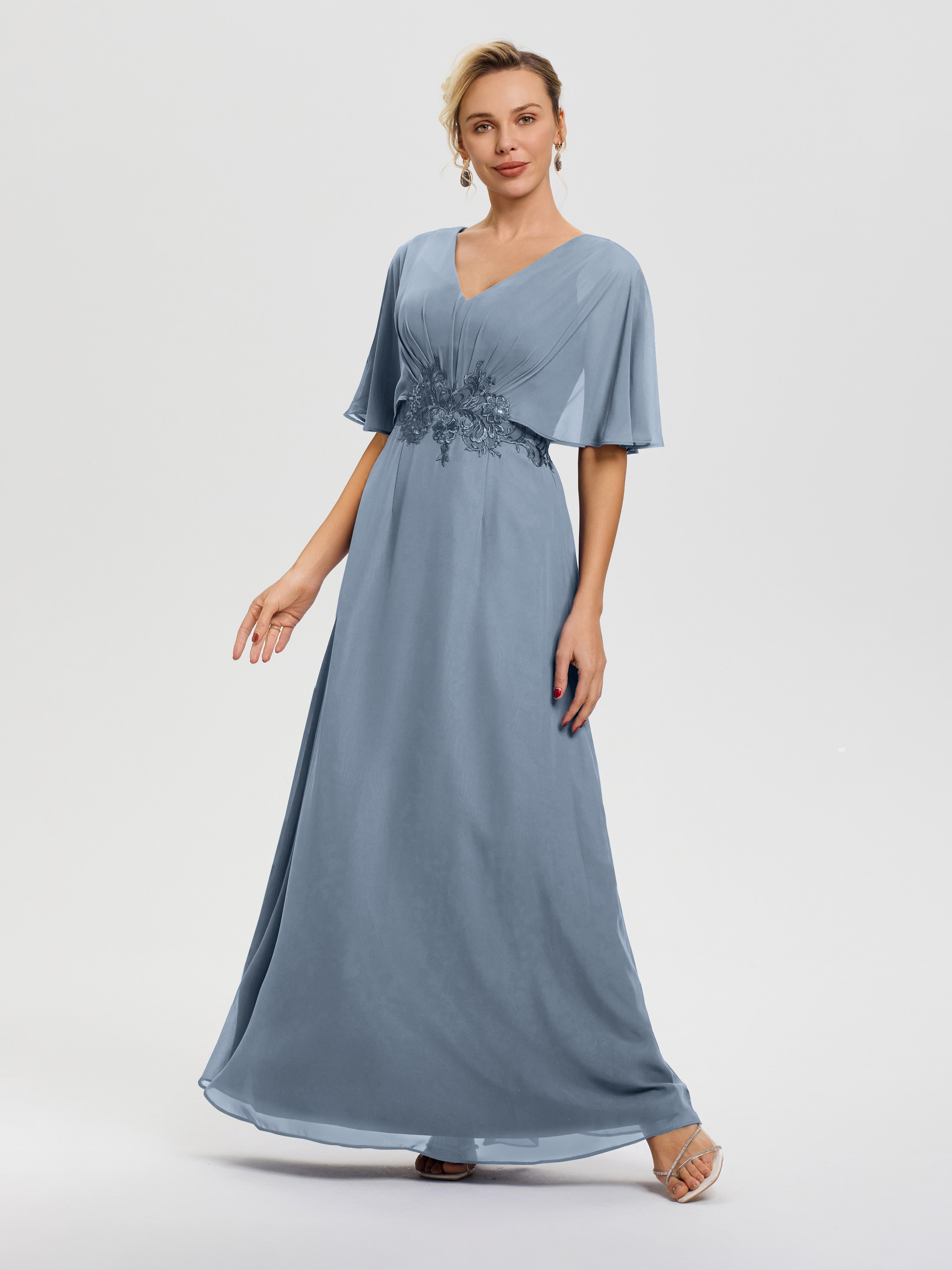 Robe Mère De La Mariée Bleu Poudré Mousseline & Dentelle Col V Robe Mère De La Mariée