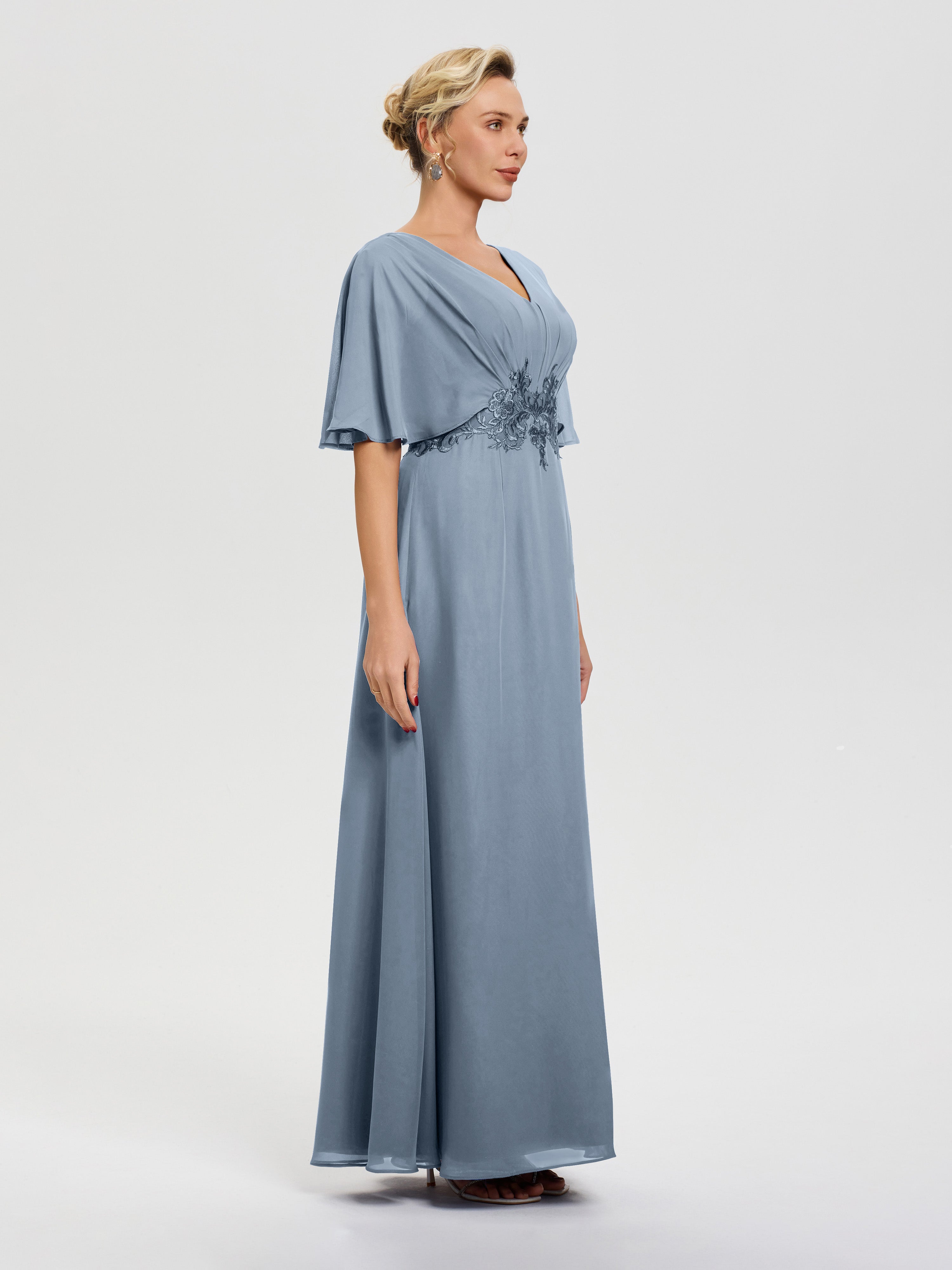Robe Mère De La Mariée Bleu Poudré Mousseline & Dentelle Col V Robe Mère De La Mariée