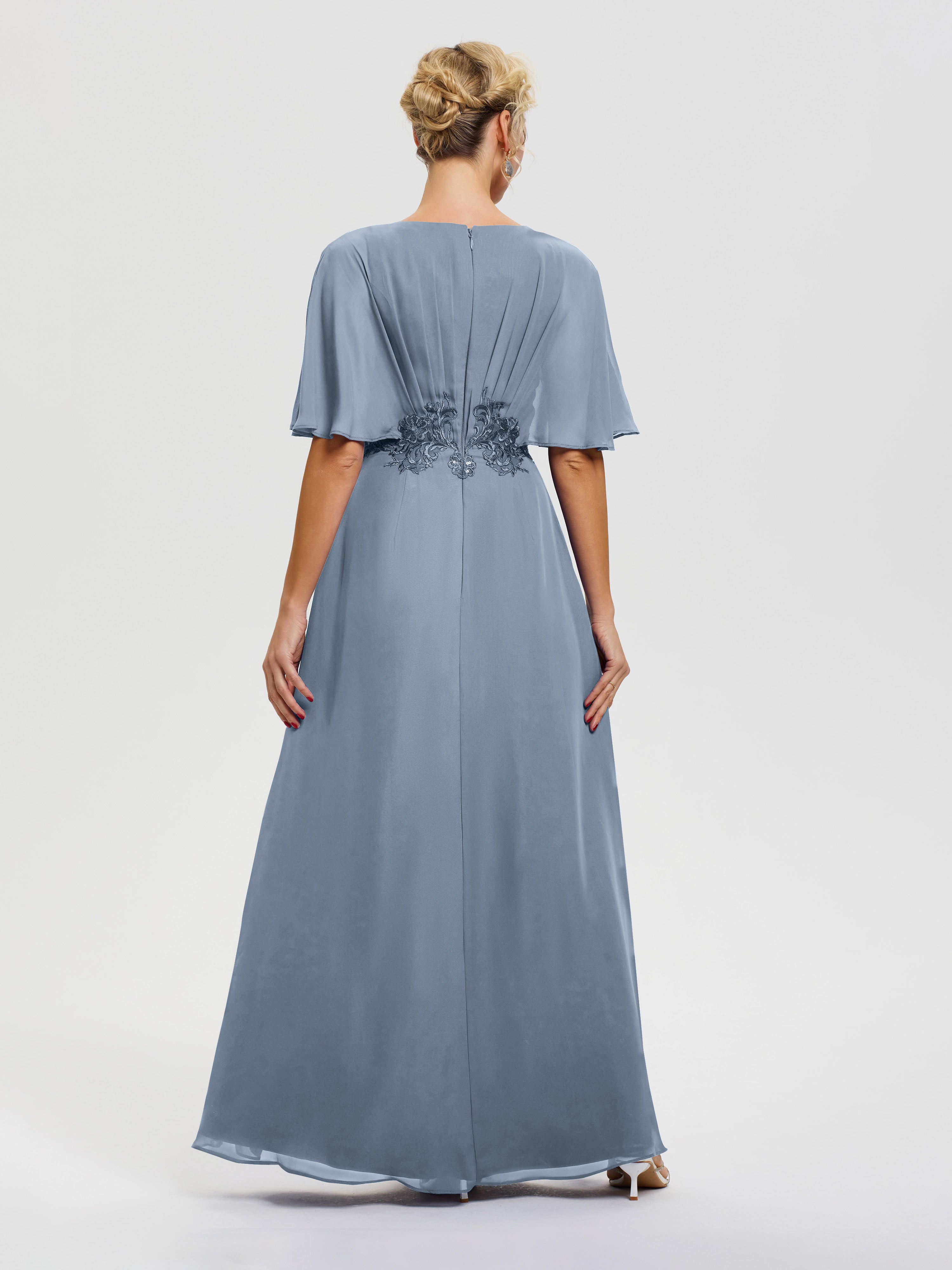 Robe Mère De La Mariée Bleu Poudré Mousseline & Dentelle Col V Robe Mère De La Mariée