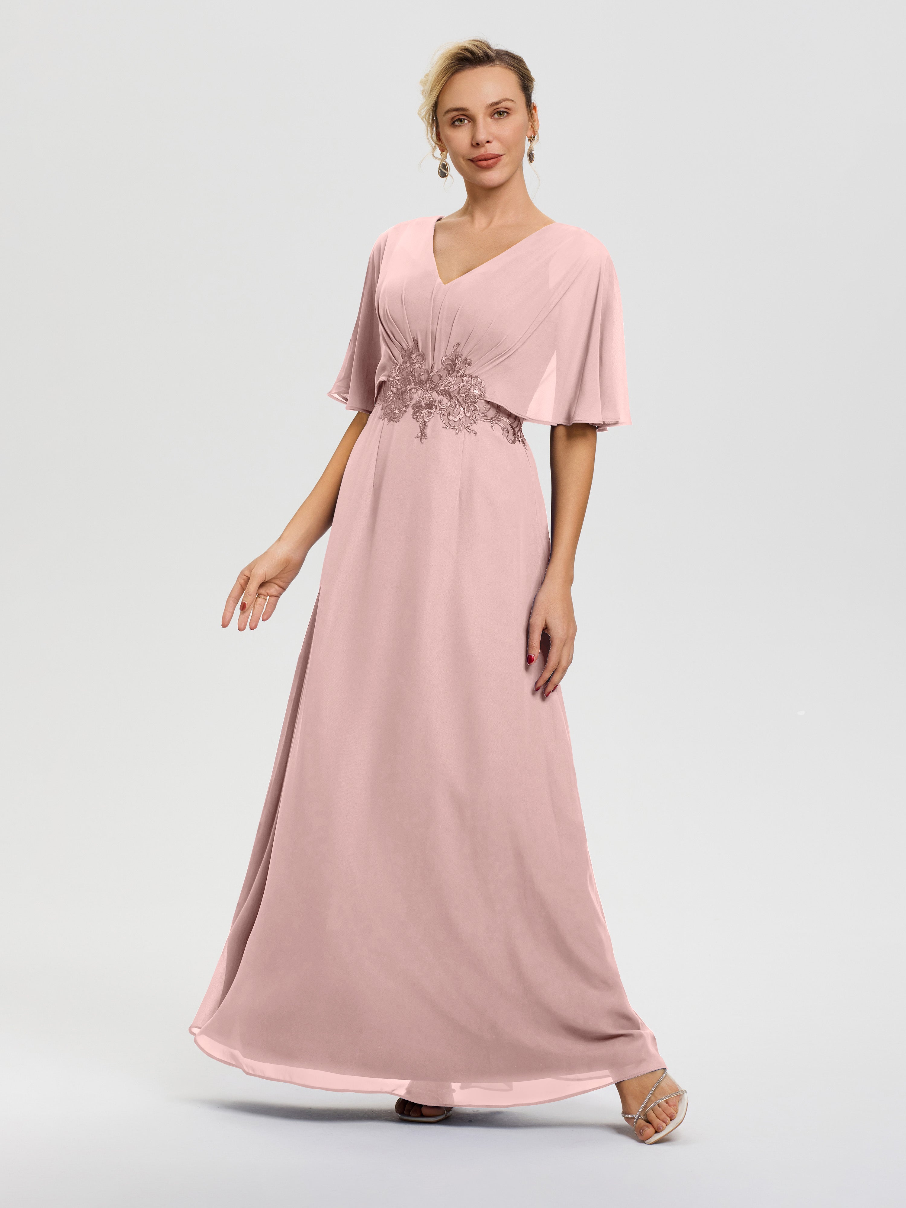 Robe Mere Dela Mariee Rose Poudré Mousseline & Dentelle Col V Robe Mère De La Mariée