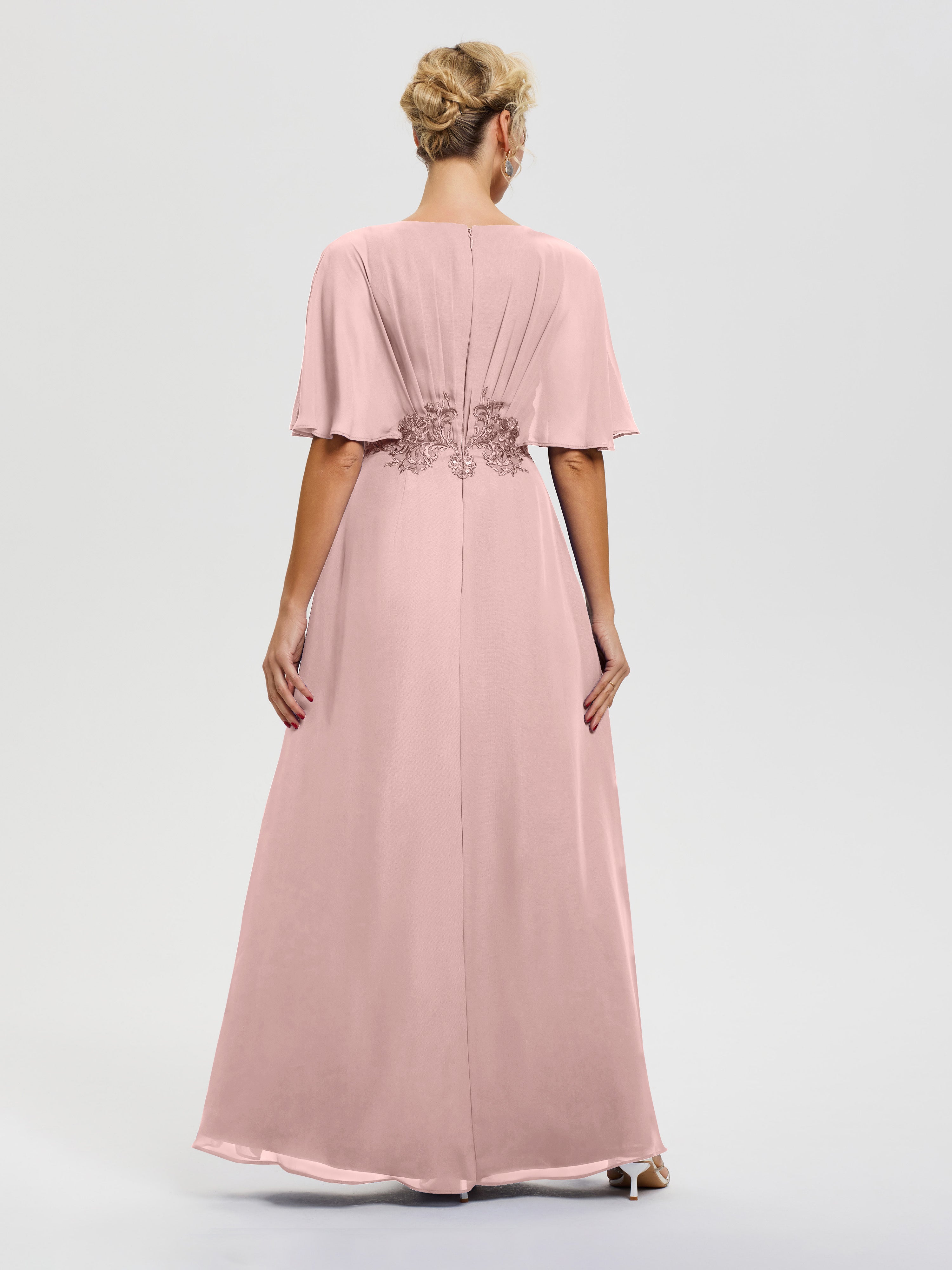 Robe Mere Dela Mariee Rose Poudré Mousseline & Dentelle Col V Robe Mère De La Mariée