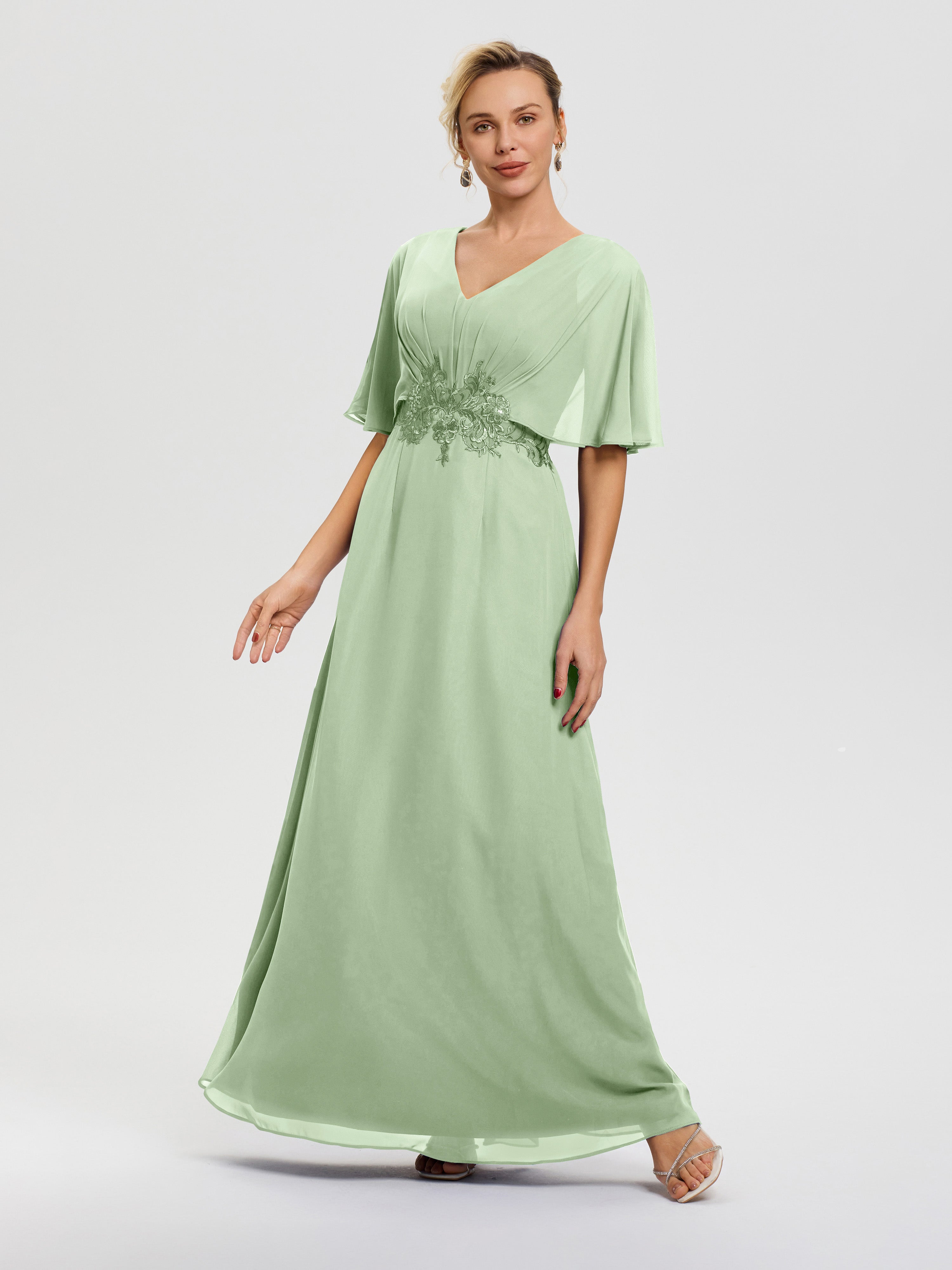 Robe Mère De La Mariee Sauge Poudrée Mousseline & Dentelle Col V Robe Mère De La Mariée