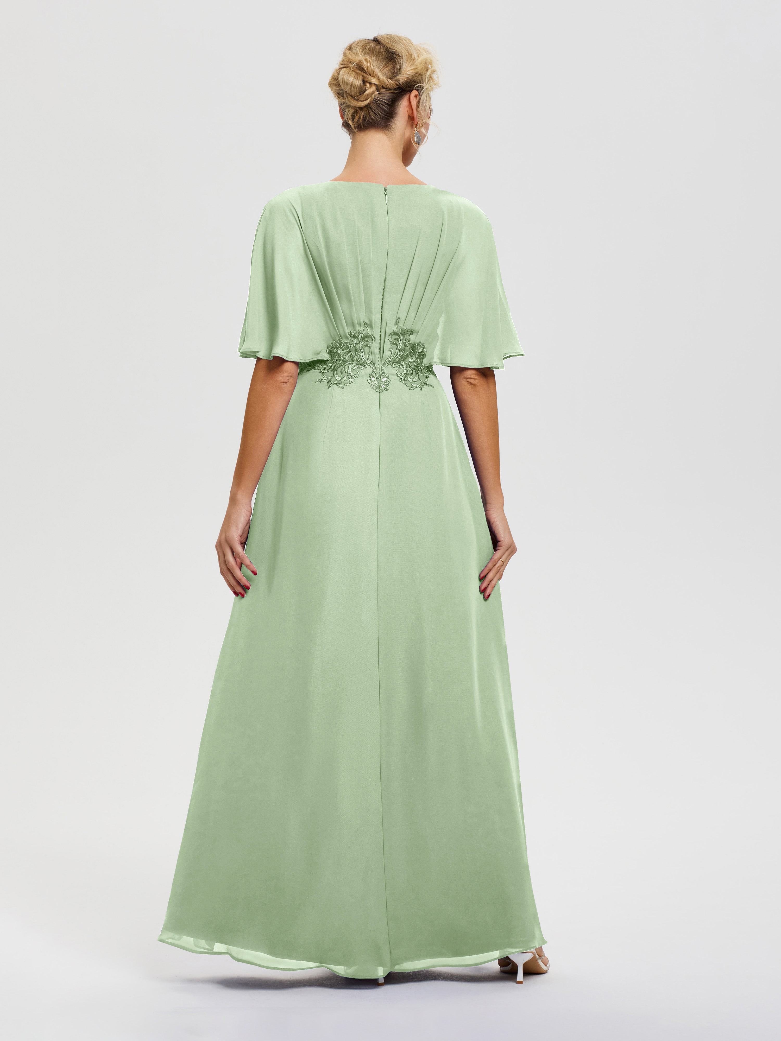 Robe Mère De La Mariee Sauge Poudrée Mousseline & Dentelle Col V Robe Mère De La Mariée