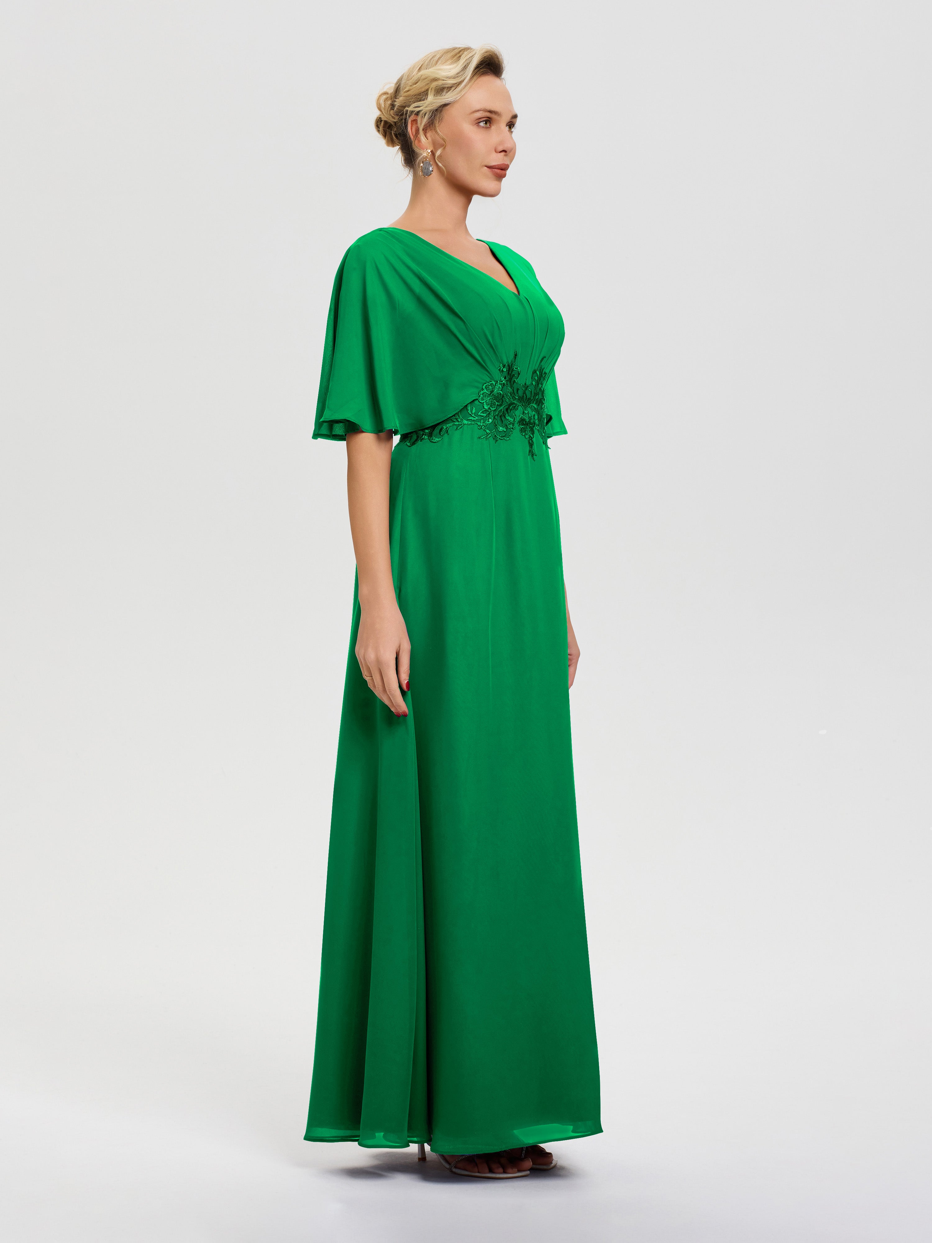 Robe Mariage Mère De La Mariée Emeraude Mousseline & Dentelle Col V Robe Mère De La Mariée