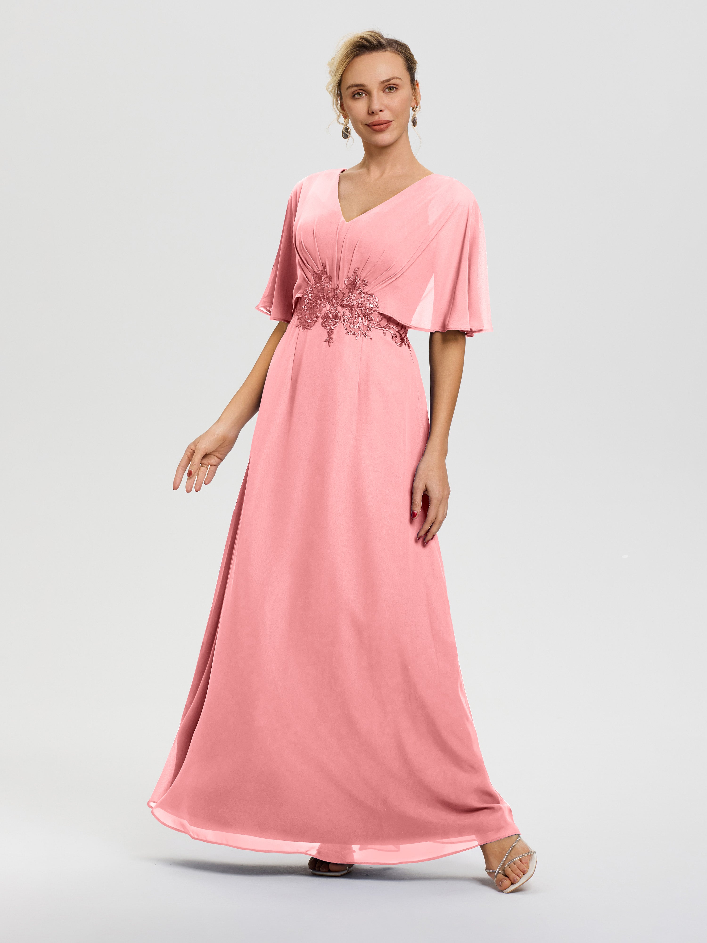 Robe Mariage Mère De La Mariée Flamant Mousseline & Dentelle Col V Robe Mère De La Mariée
