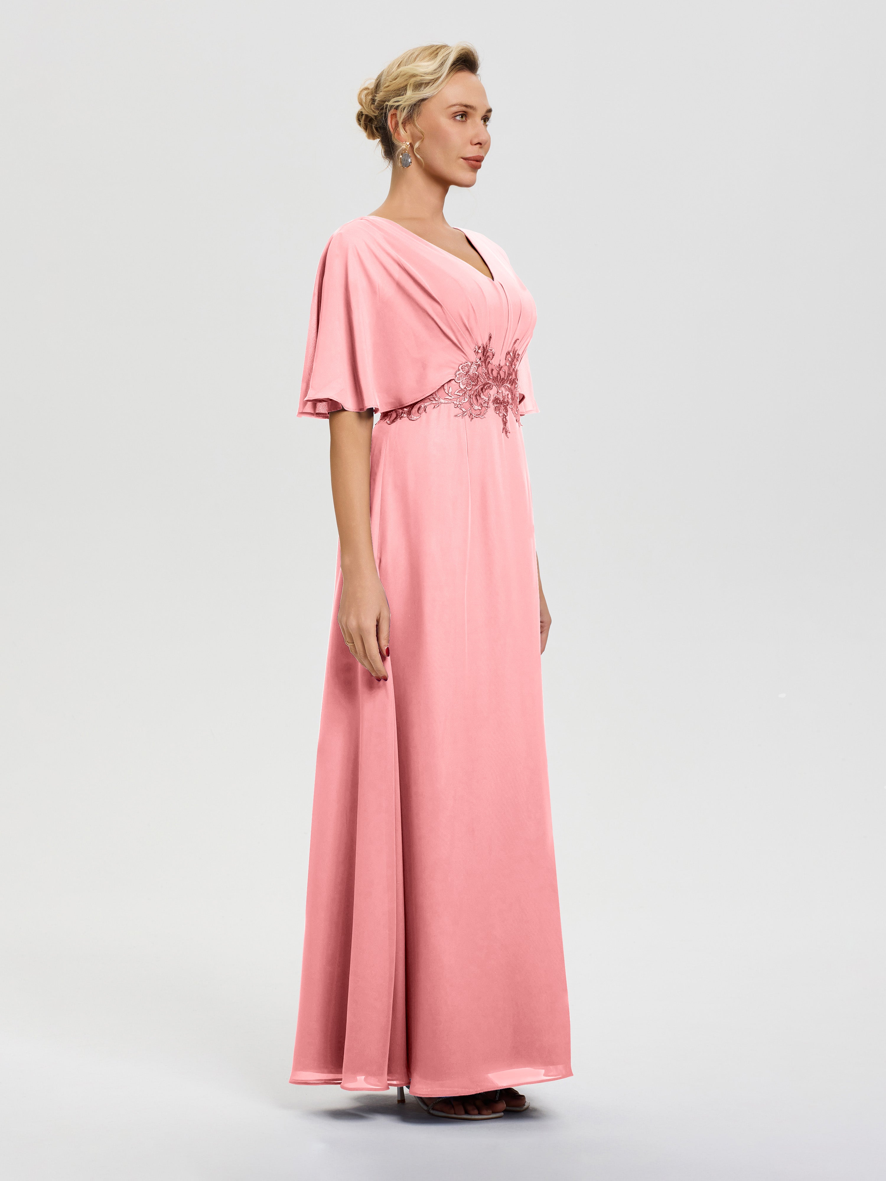 Robe Mariage Mère De La Mariée Flamant Mousseline & Dentelle Col V Robe Mère De La Mariée