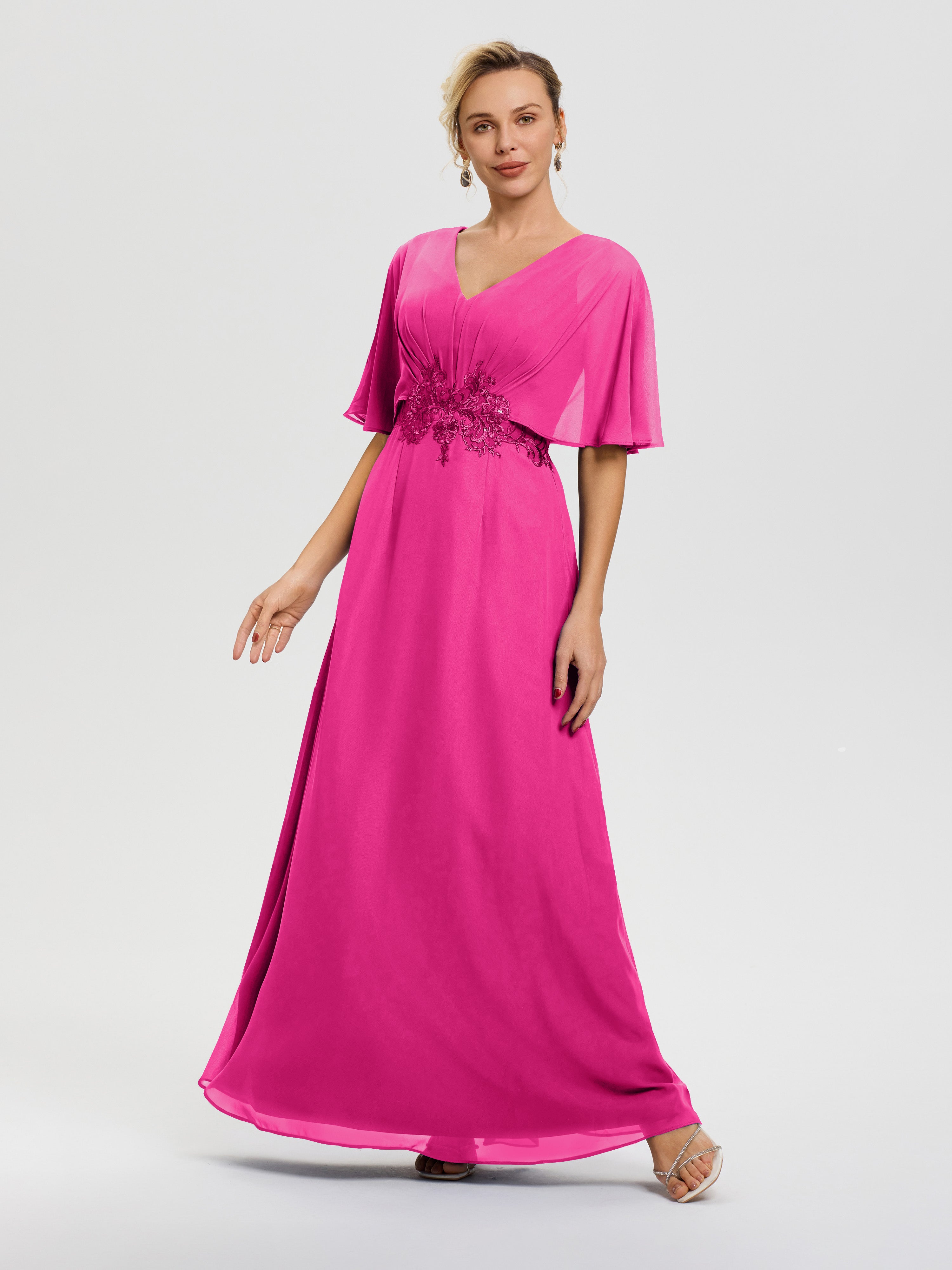 Robe Mariage Mère Du Marié Fuchsia Mousseline & Dentelle Col V Robe Mère De La Mariée