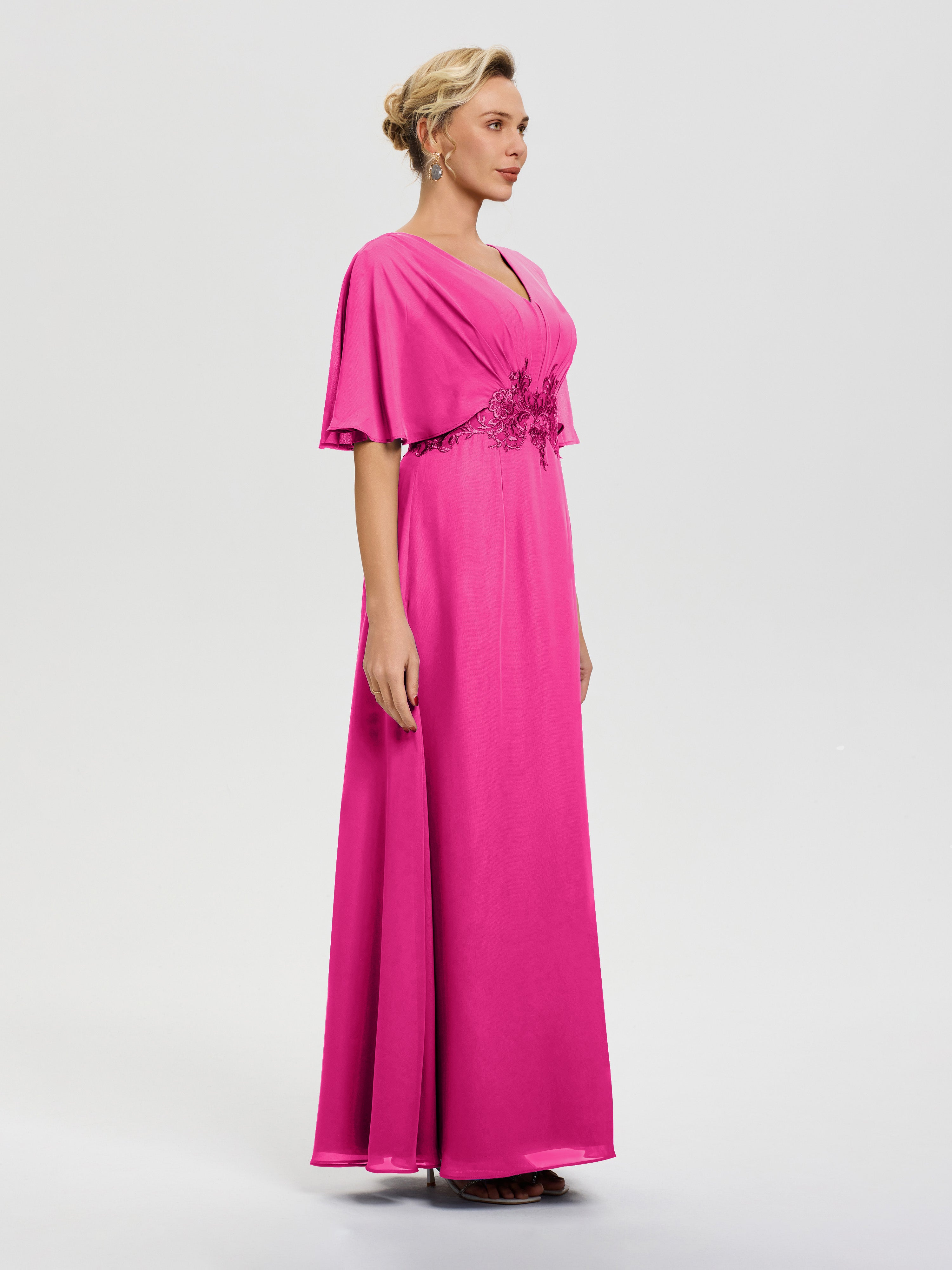 Robe Mariage Mère Du Marié Fuchsia Mousseline & Dentelle Col V Robe Mère De La Mariée