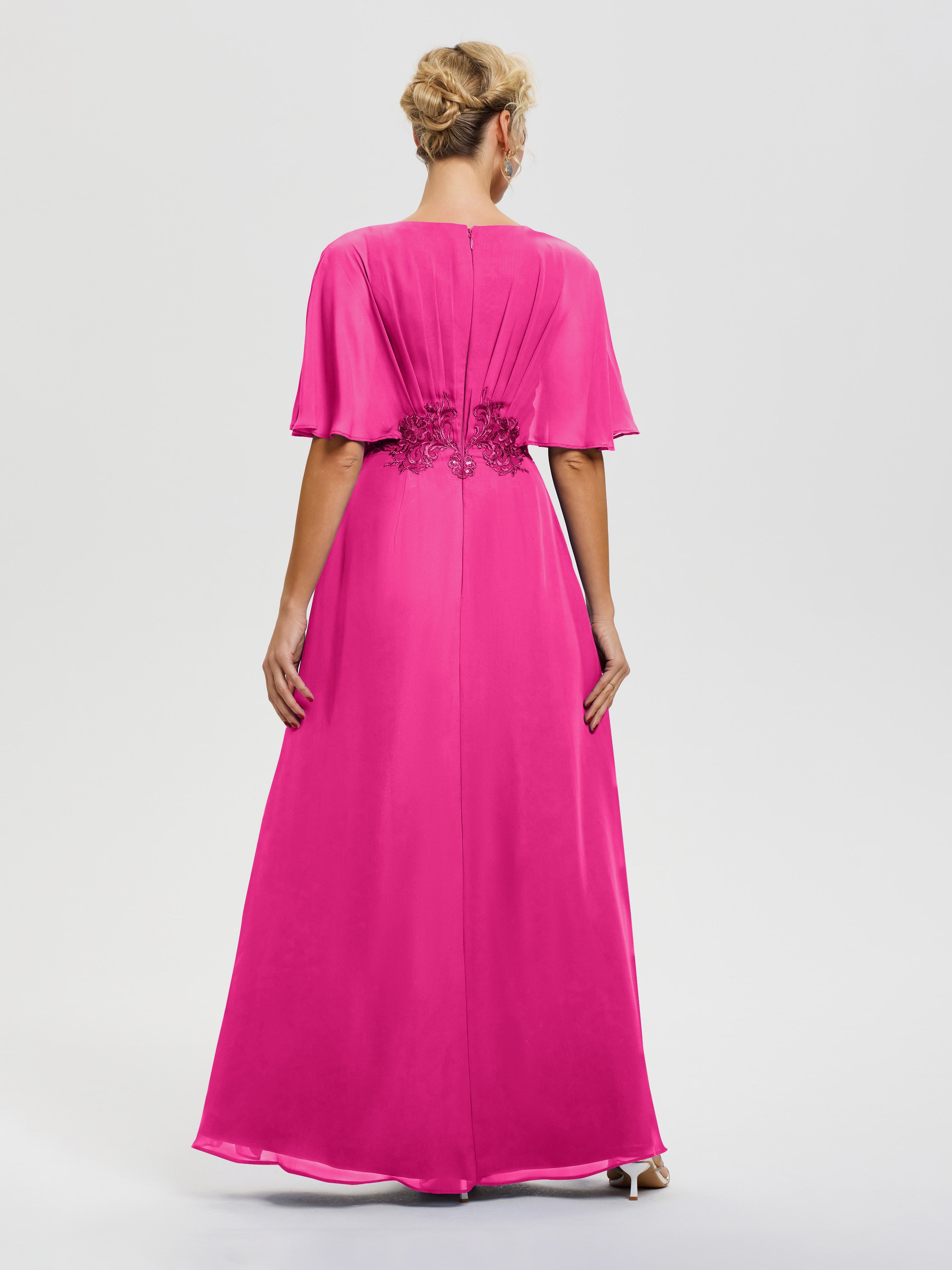 Robe Mariage Mère Du Marié Fuchsia Mousseline & Dentelle Col V Robe Mère De La Mariée