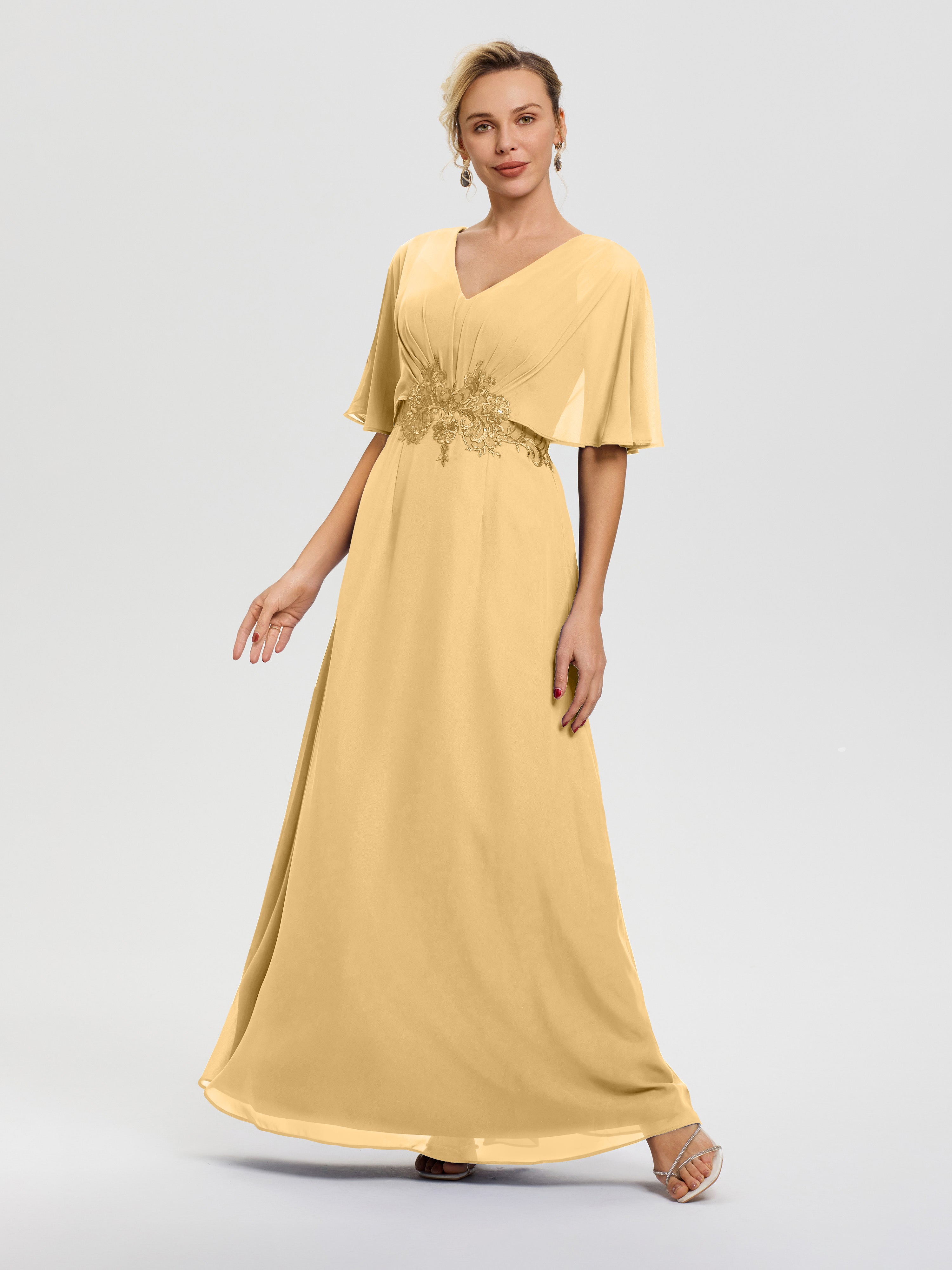 Robe Mariage Mère Du Marié Or Mousseline & Dentelle Col V Robe Mère De La Mariée