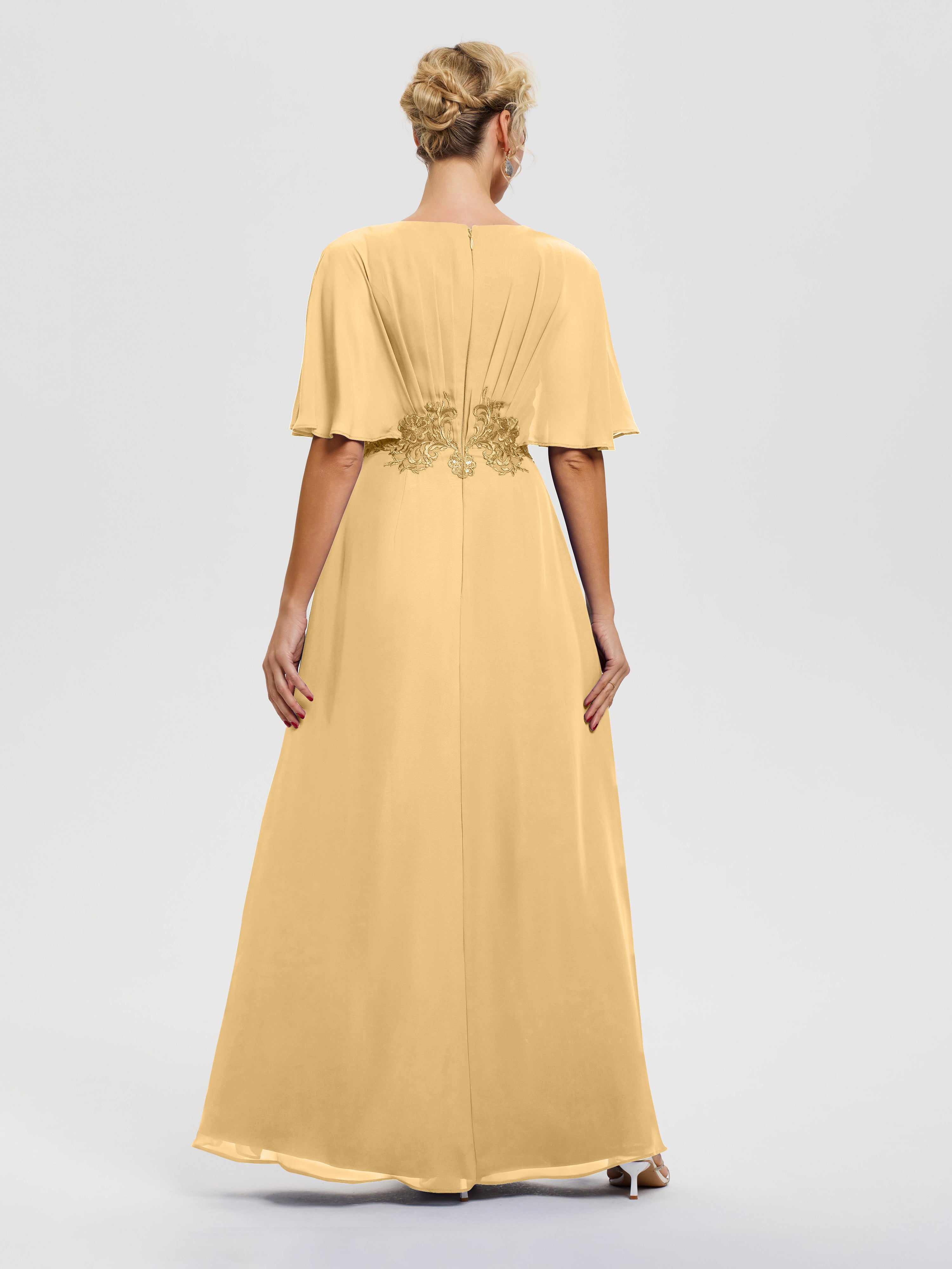 Robe Mariage Mère Du Marié Or Mousseline & Dentelle Col V Robe Mère De La Mariée