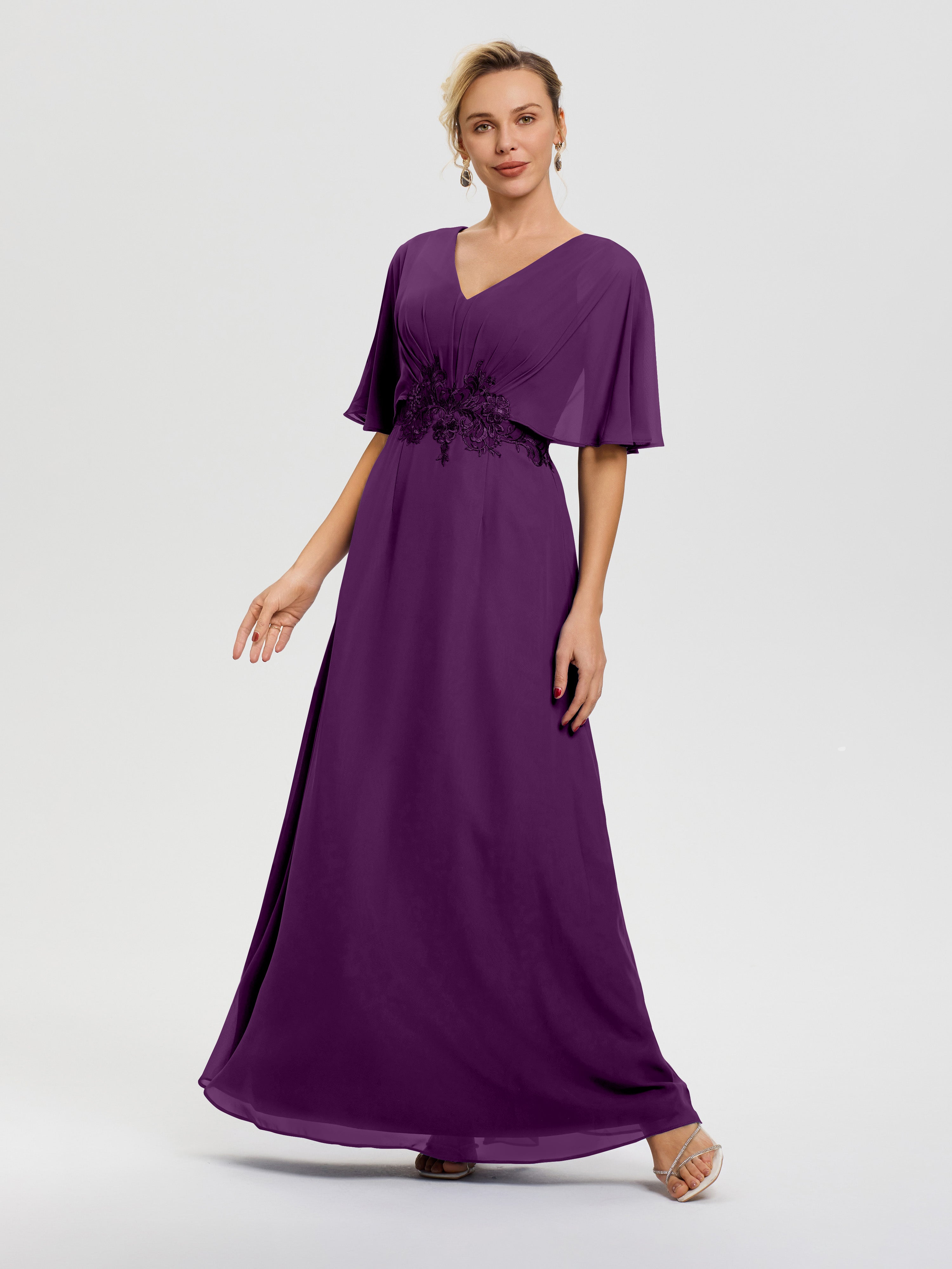 Robe Mère De La Mariee Raisin Mousseline & Dentelle Col V Robe Mère De La Mariée