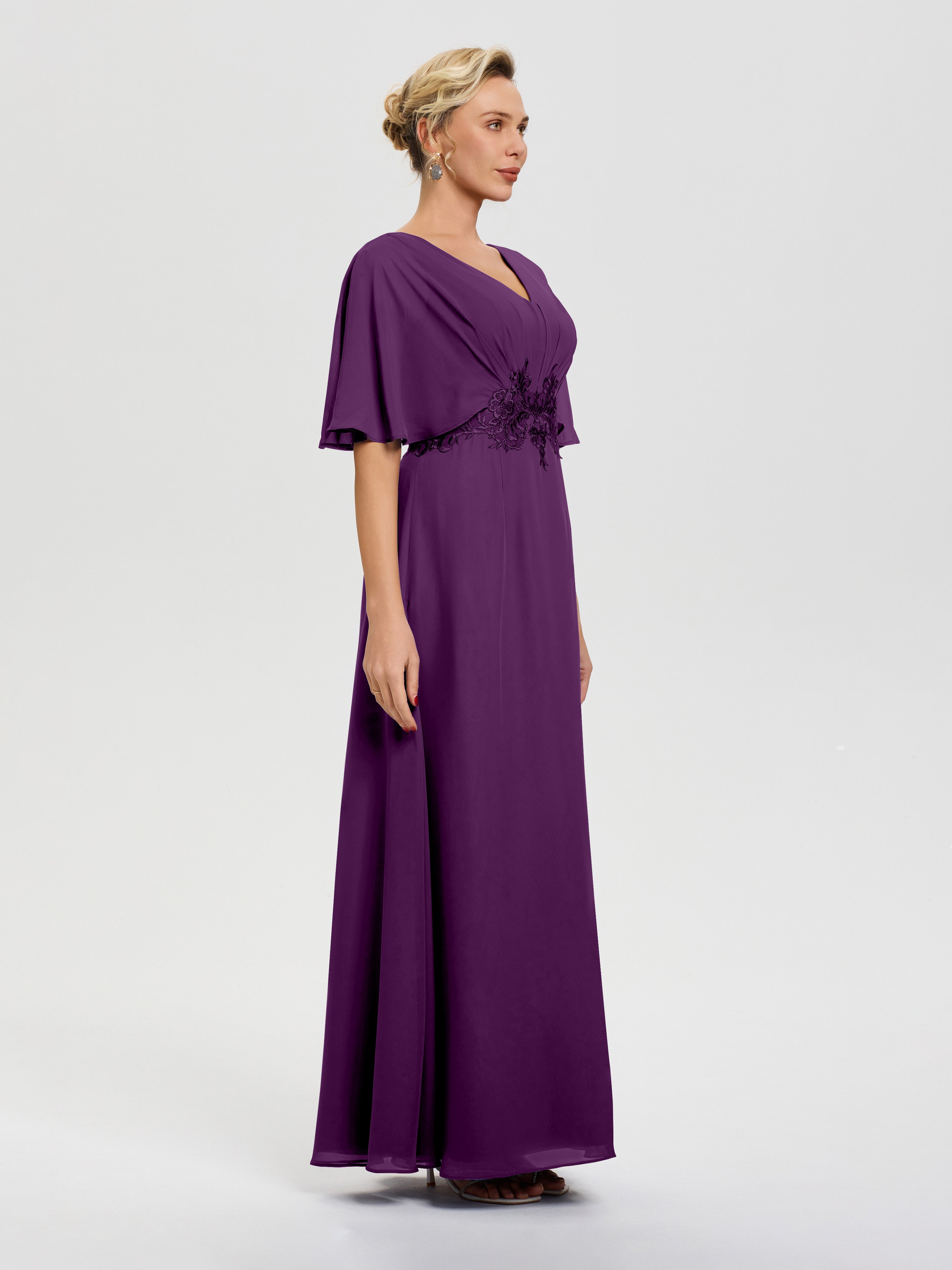 Robe Mère De La Mariee Raisin Mousseline & Dentelle Col V Robe Mère De La Mariée