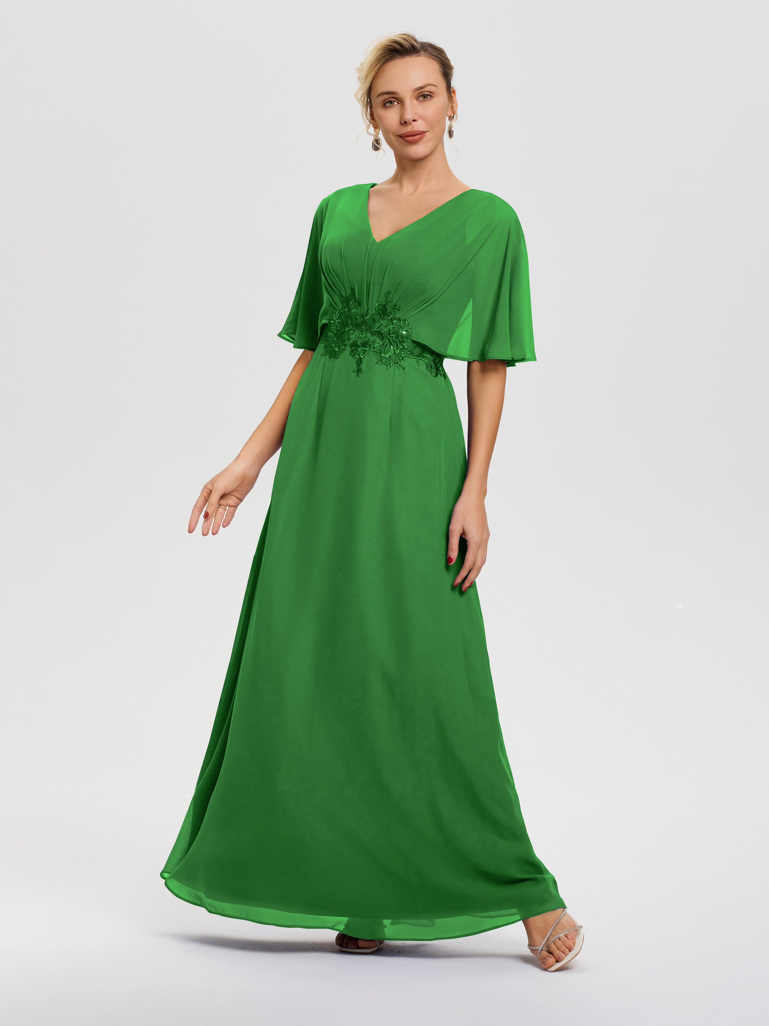 Robe Mere De La Mariee Verte Mousseline & Dentelle Col V Robe Mère De La Mariée