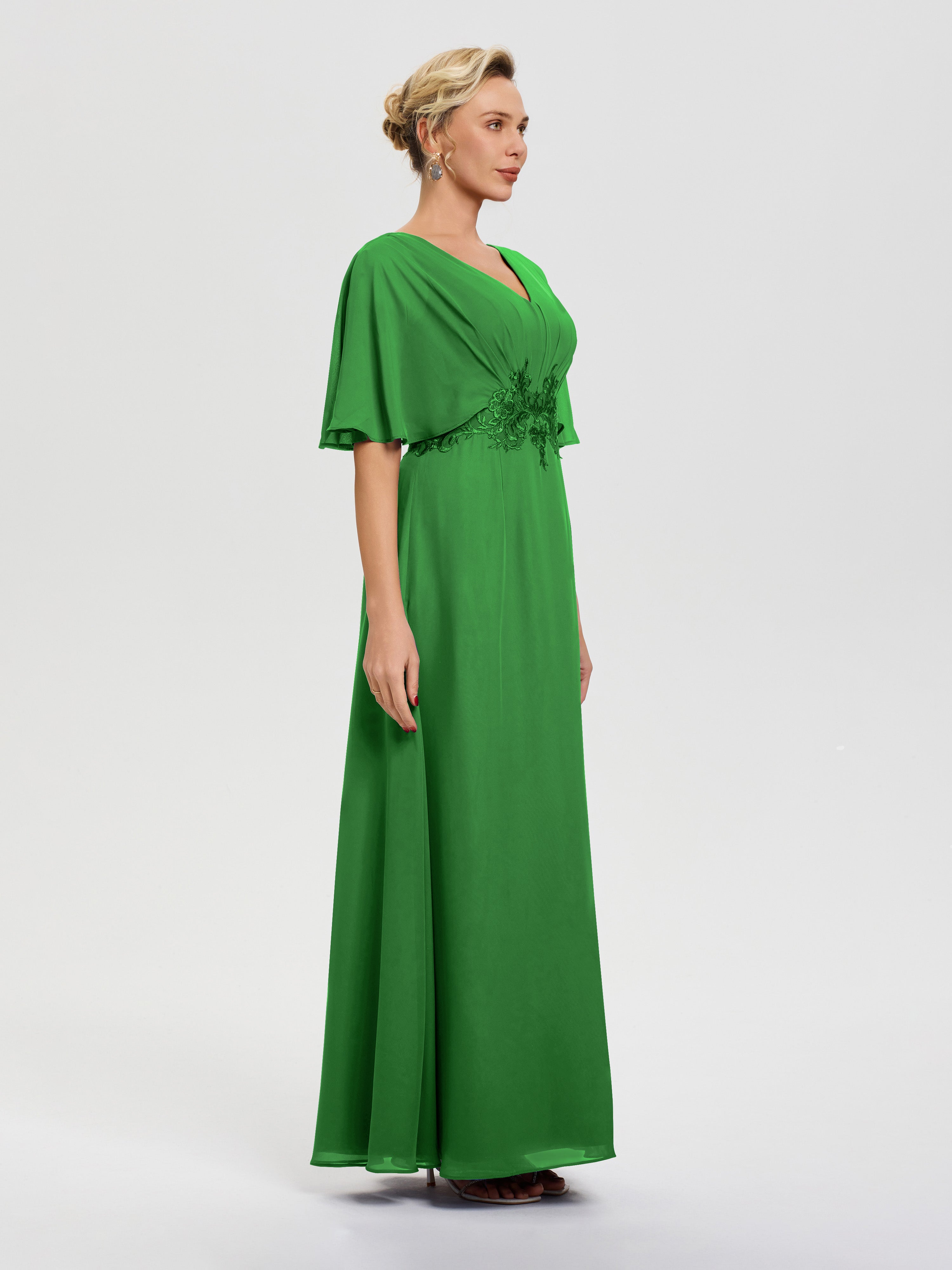 Robe Mere De La Mariee Verte Mousseline & Dentelle Col V Robe Mère De La Mariée