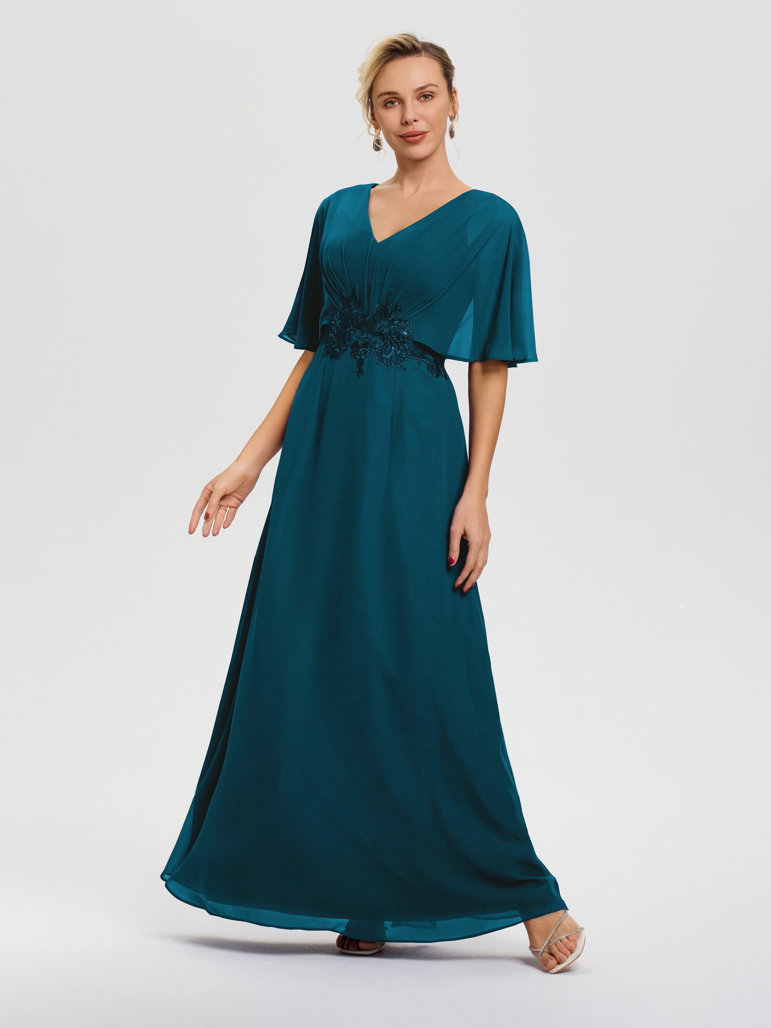 Robe Mère De La Mariée Bleu Encre Mousseline & Dentelle Col V Robe Mère De La Mariée