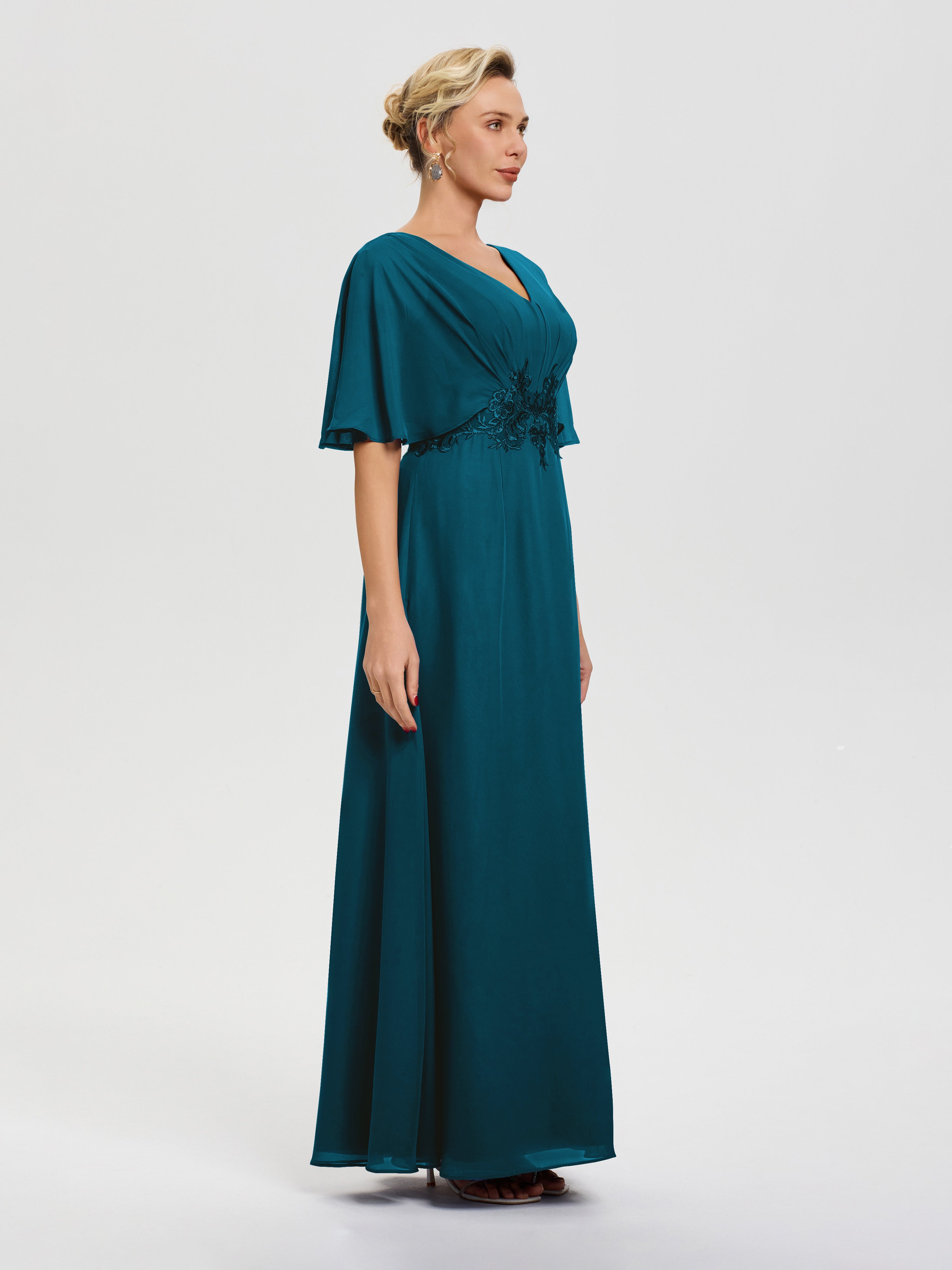 Robe Mère De La Mariée Bleu Encre Mousseline & Dentelle Col V Robe Mère De La Mariée