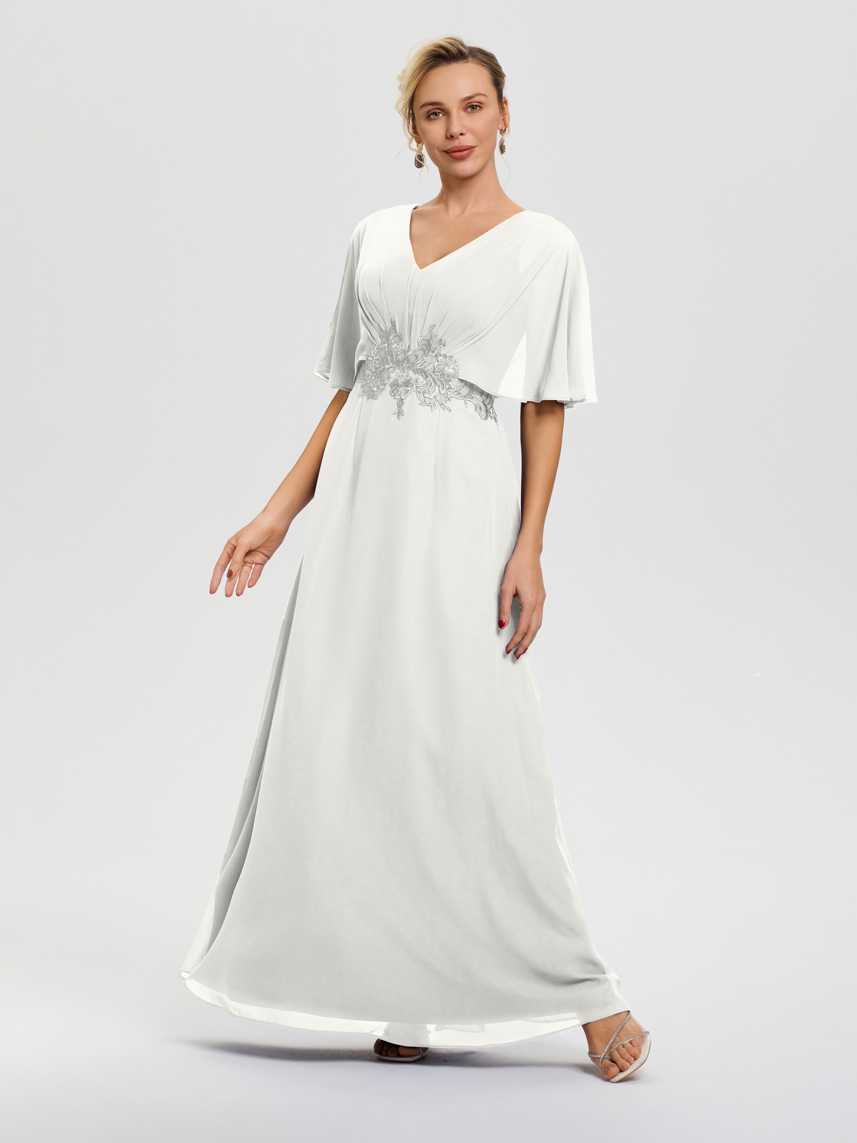 Robe Mariage Mère Du Marié Ivoire Mousseline & Dentelle Col V Robe Mère De La Mariée