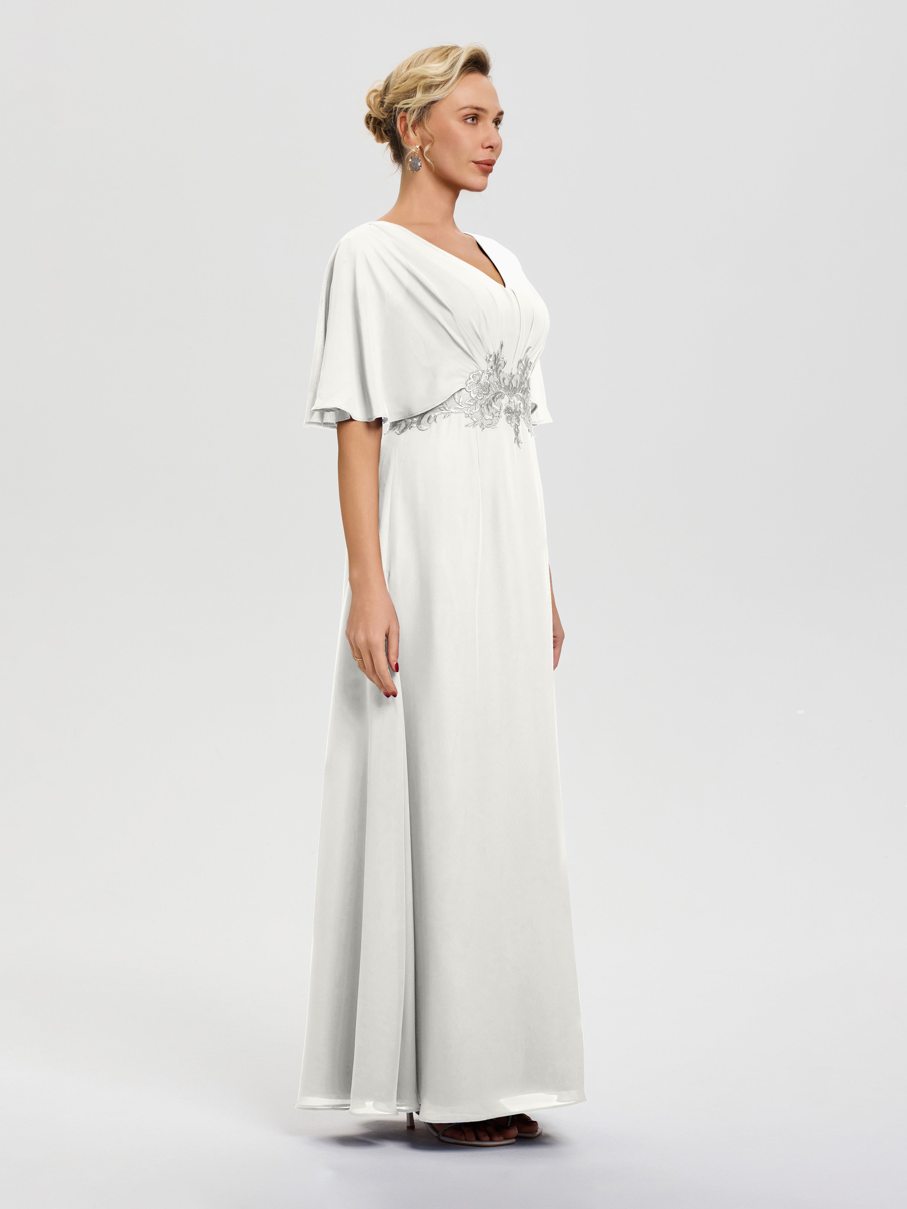 Robe Mariage Mère Du Marié Ivoire Mousseline & Dentelle Col V Robe Mère De La Mariée