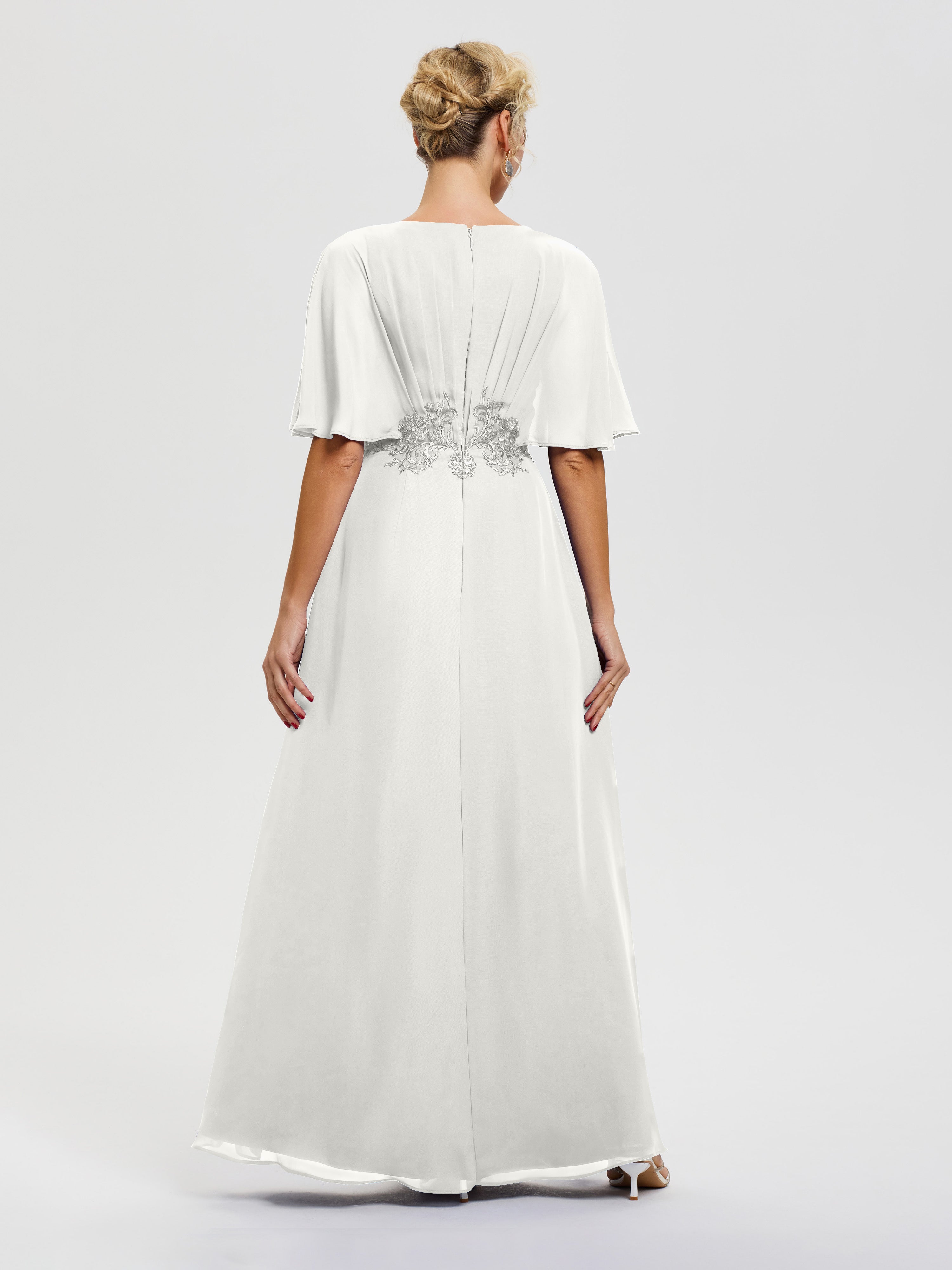 Robe Mariage Mère Du Marié Ivoire Mousseline & Dentelle Col V Robe Mère De La Mariée
