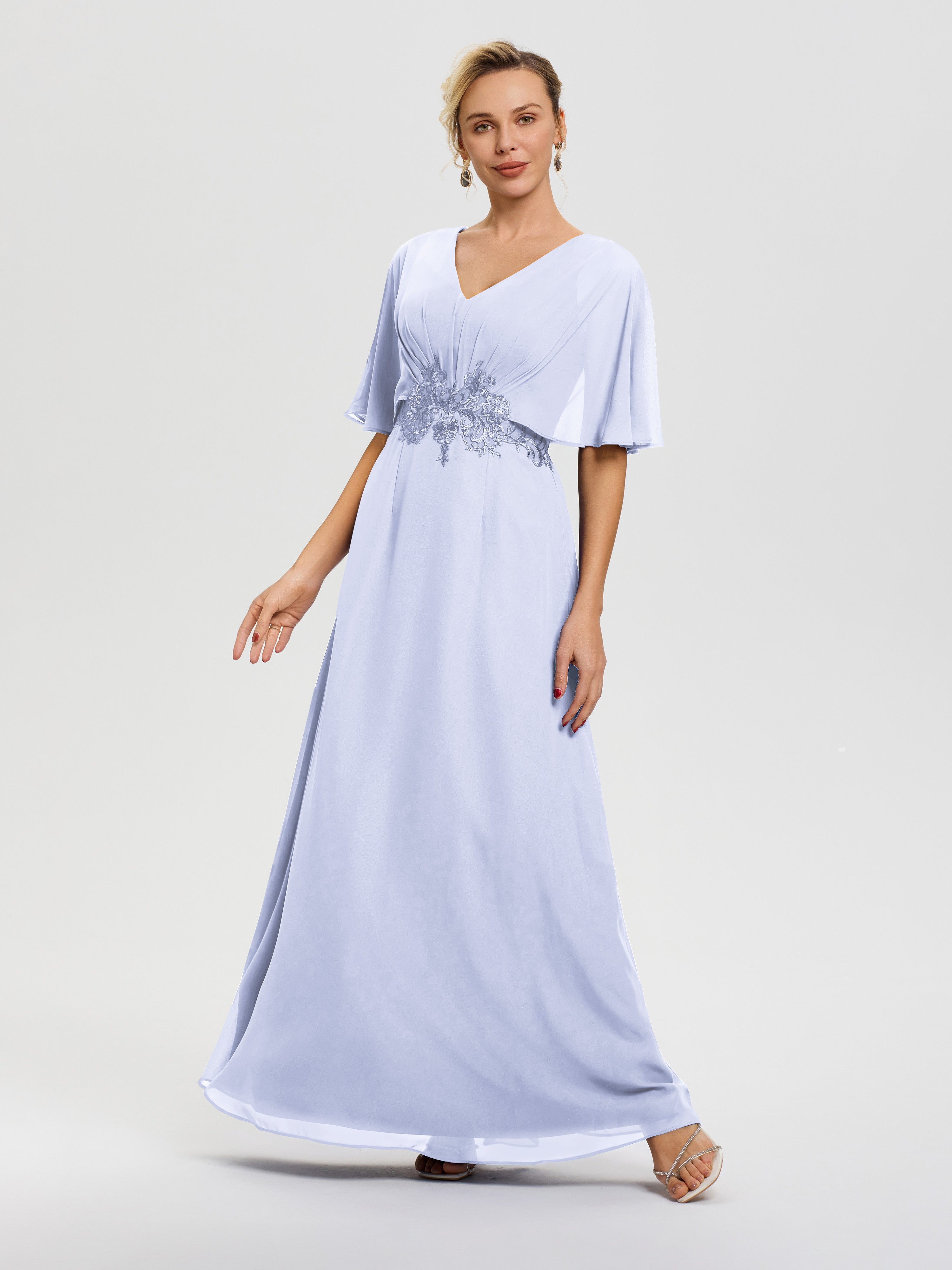Robe Mariage Mère Du Marié Lavande Mousseline & Dentelle Col V Robe Mère De La Mariée