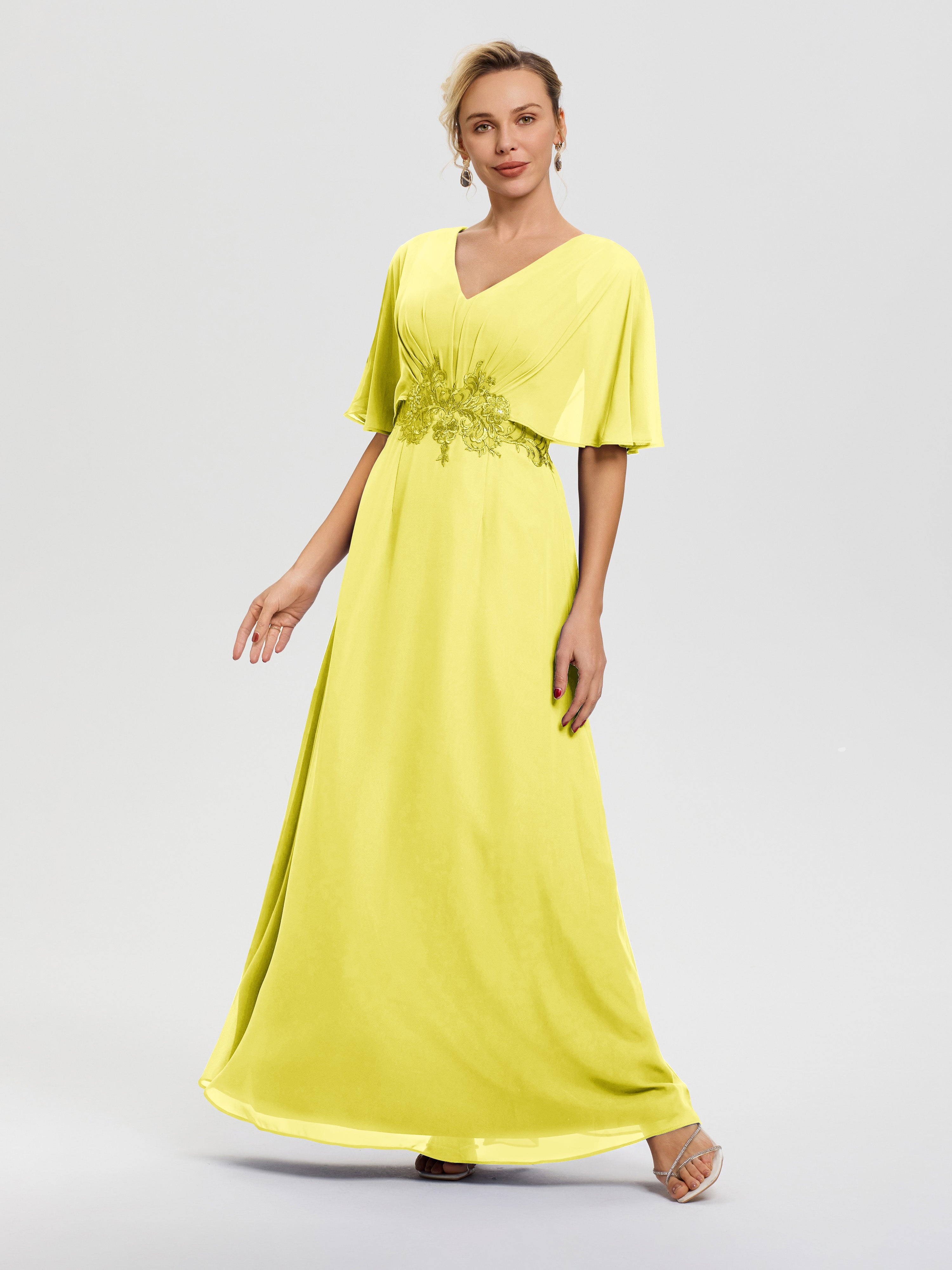 Robe Mère De La Mariée Citron Mousseline & Dentelle Col V Robe Mère De La Mariée