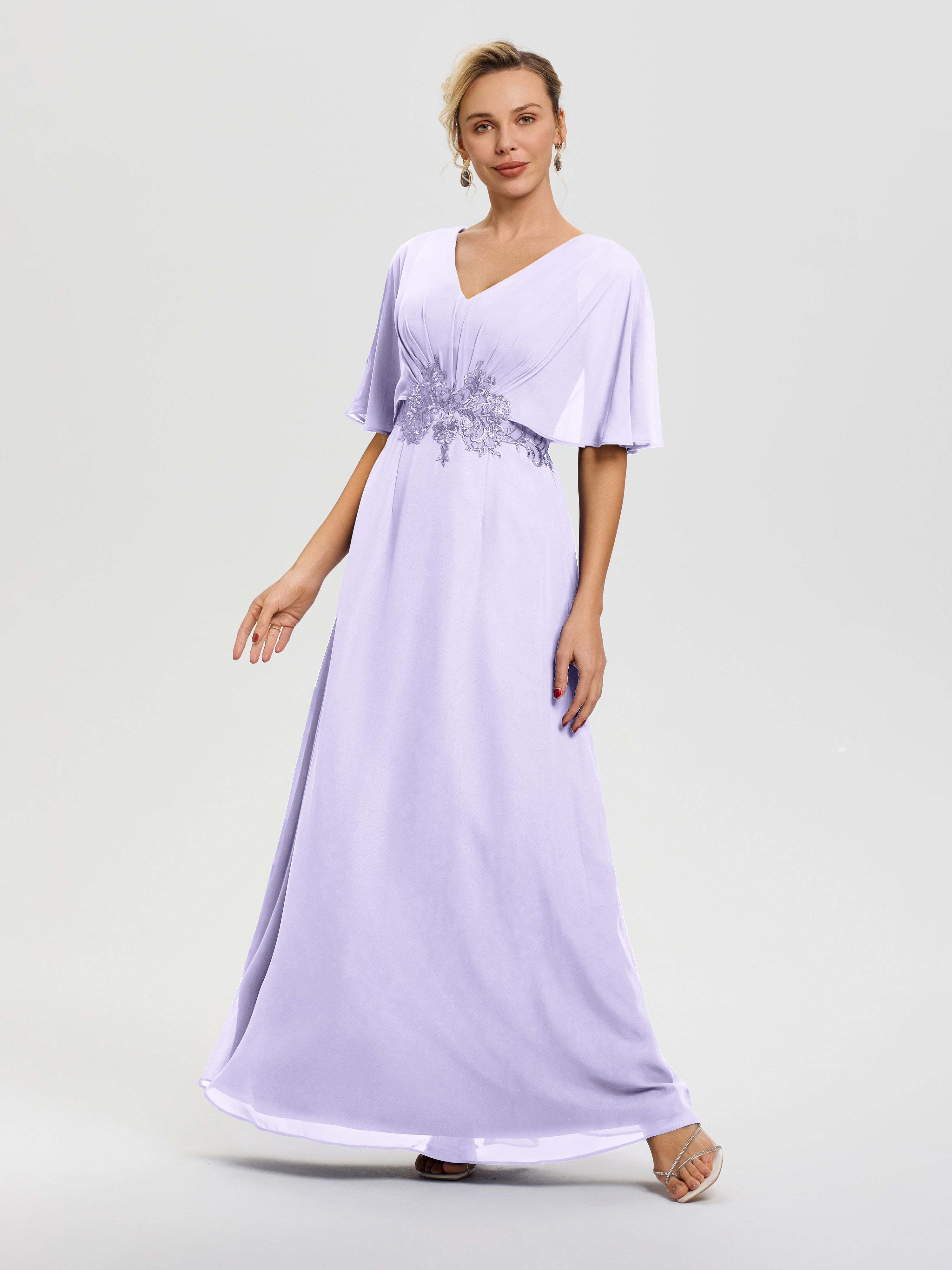 Robe Mariage Mère Du Marié Lilas Mousseline & Dentelle Col V Robe Mère De La Mariée