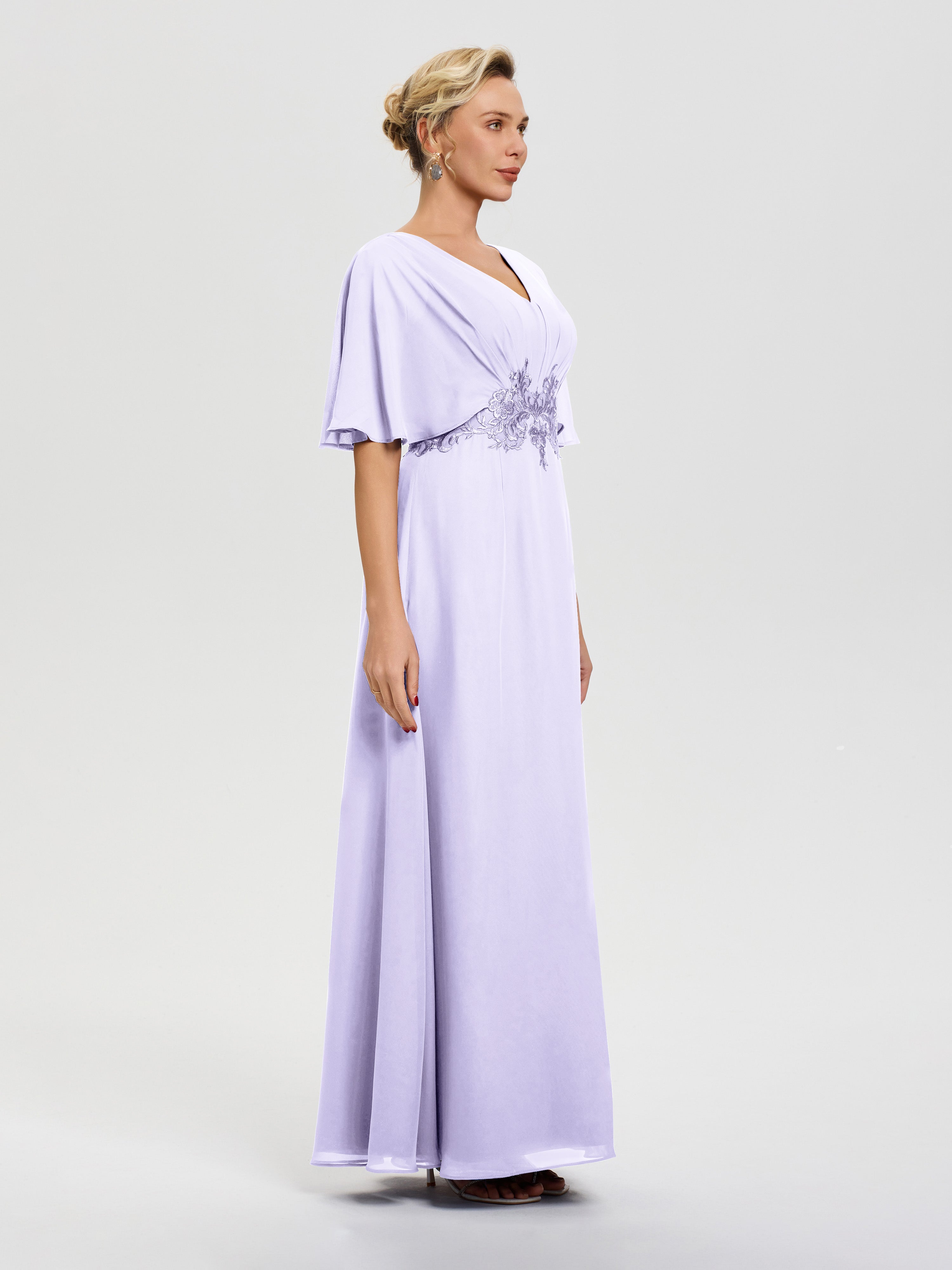 Robe Mariage Mère Du Marié Lilas Mousseline & Dentelle Col V Robe Mère De La Mariée