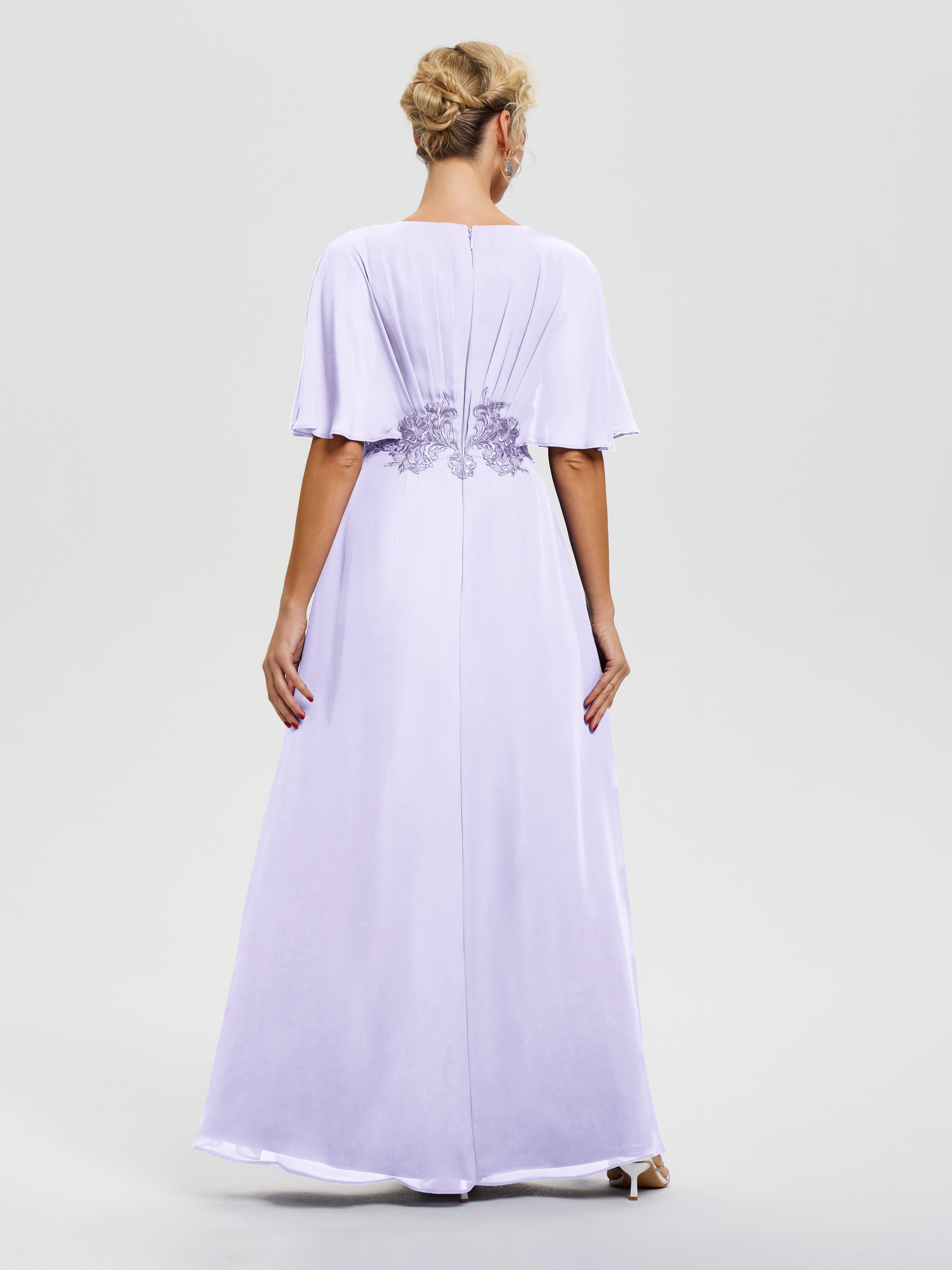 Robe Mariage Mère Du Marié Lilas Mousseline & Dentelle Col V Robe Mère De La Mariée