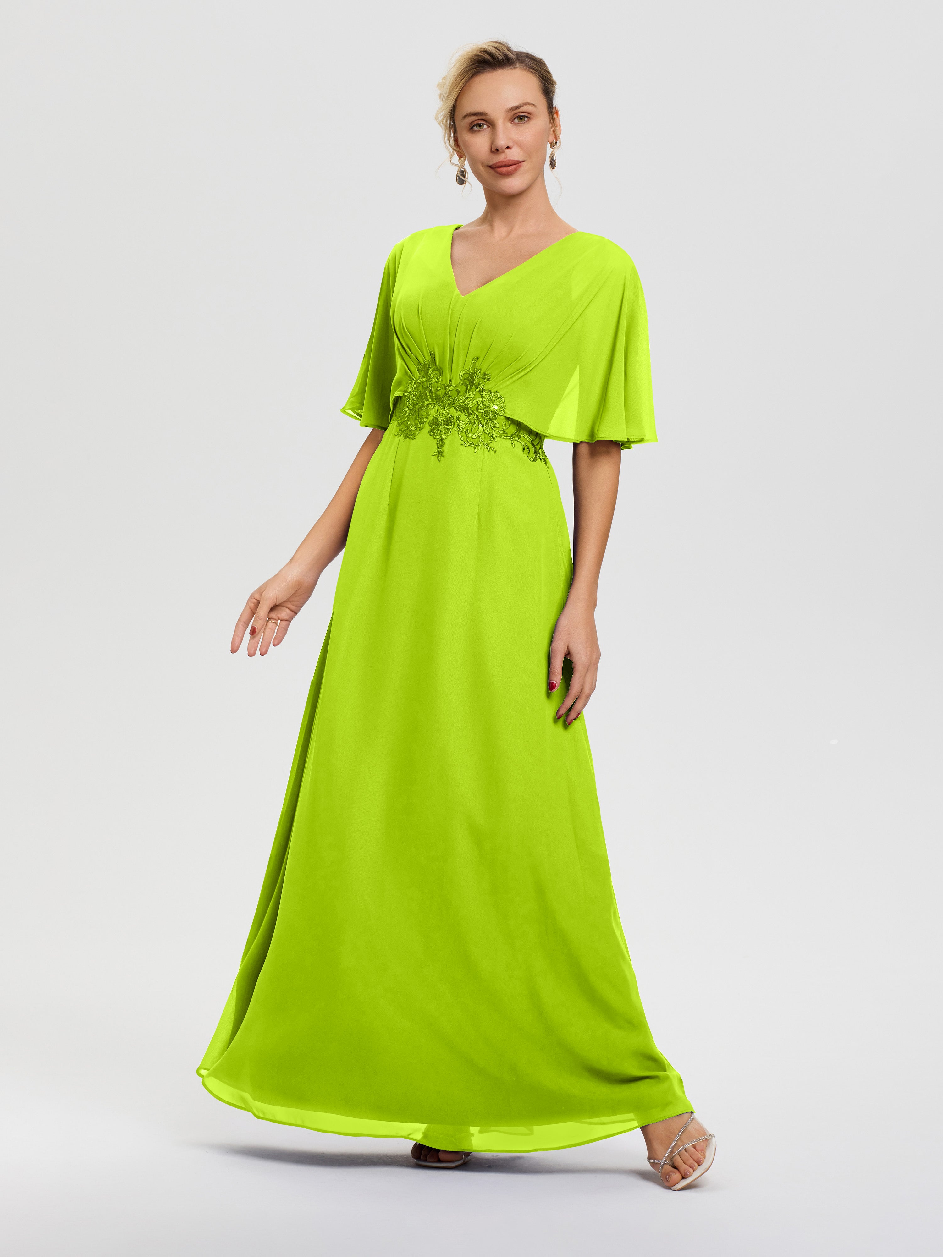 Robes Mères De La Mariée Vert Citron Mousseline & Dentelle Col V Robe Mère De La Mariée
