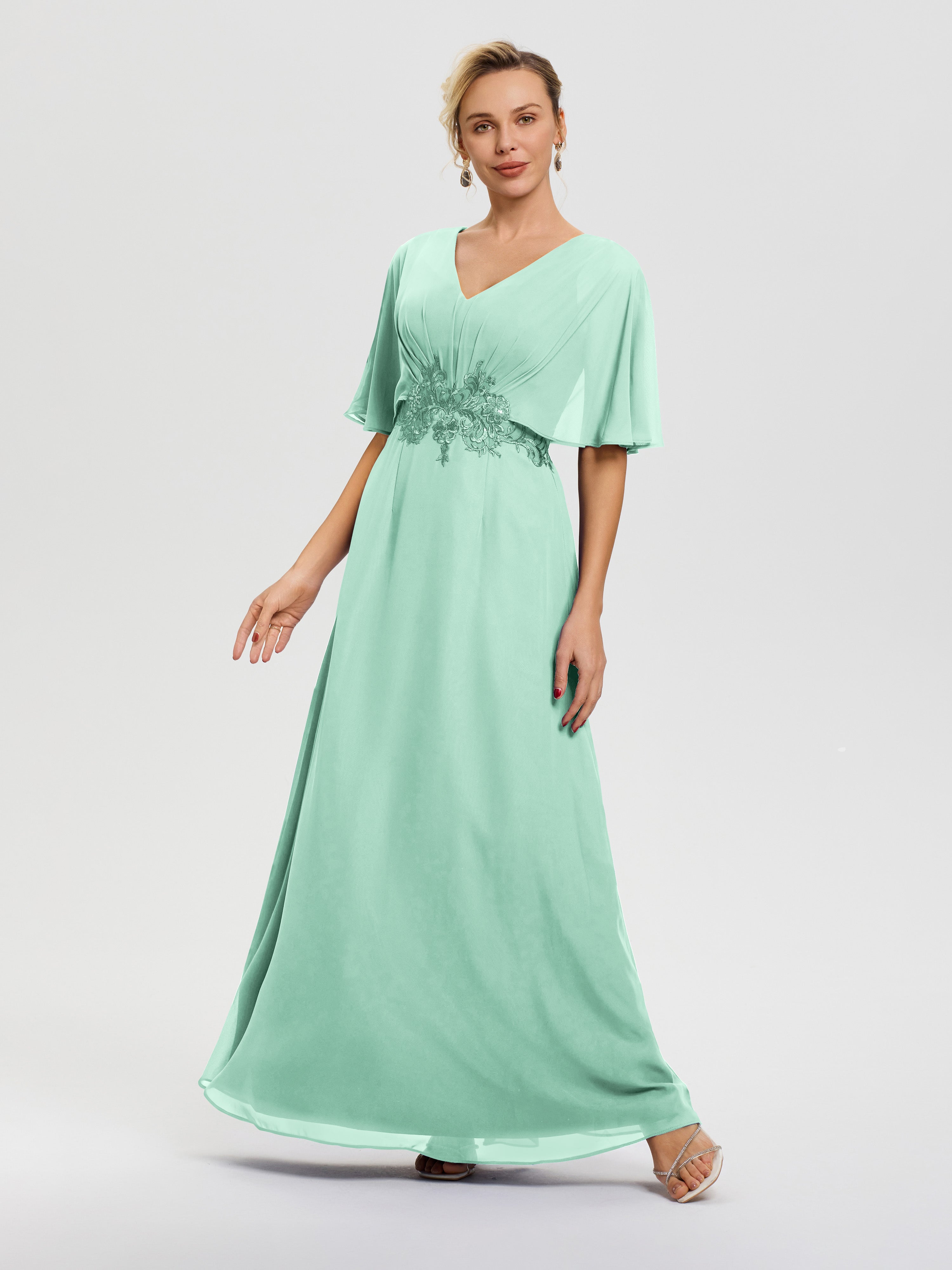 Robes Mères De La Mariée Vert Menthe Mousseline & Dentelle Col V Robe Mère De La Mariée