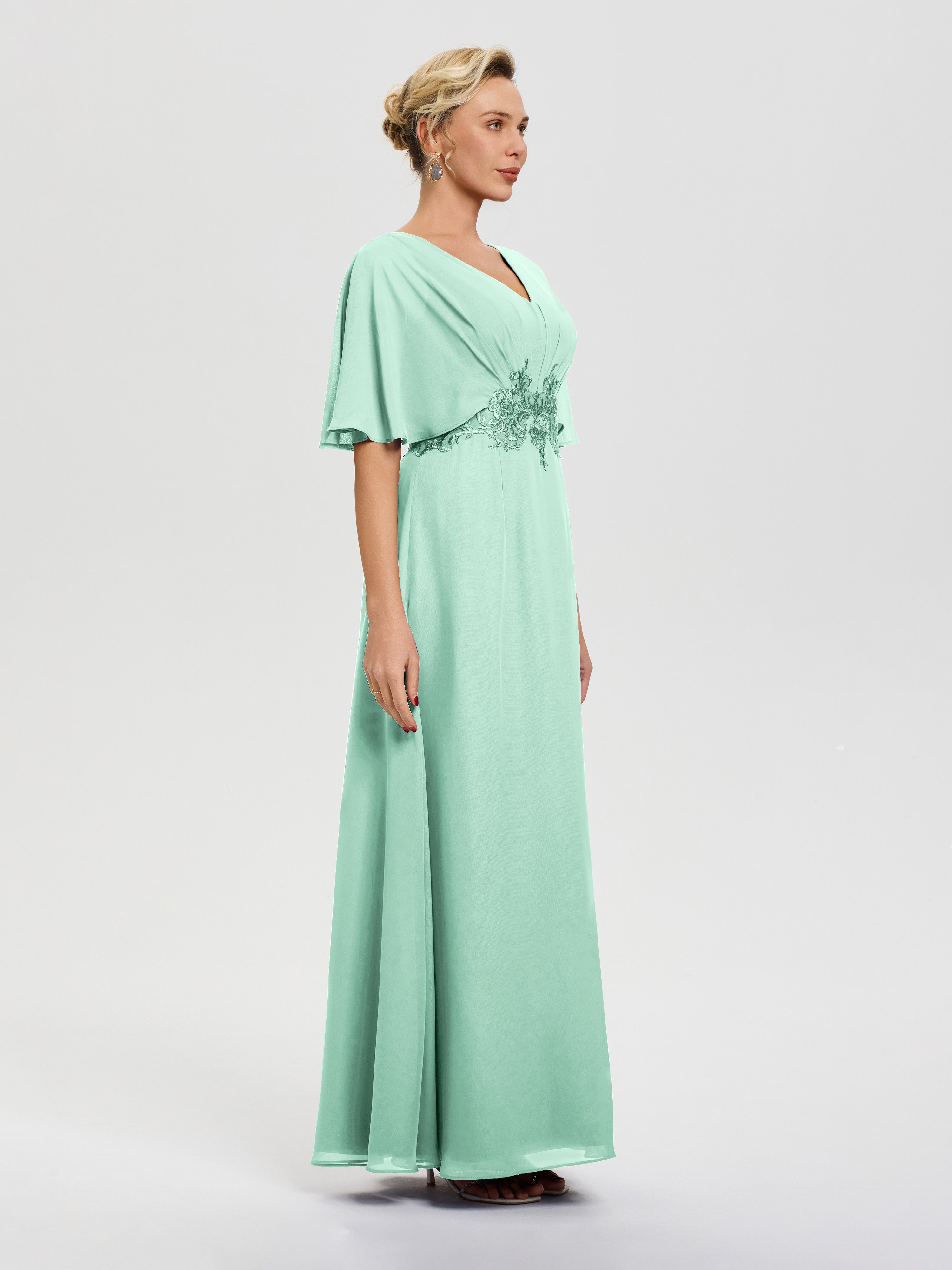 Robes Mères De La Mariée Vert Menthe Mousseline & Dentelle Col V Robe Mère De La Mariée