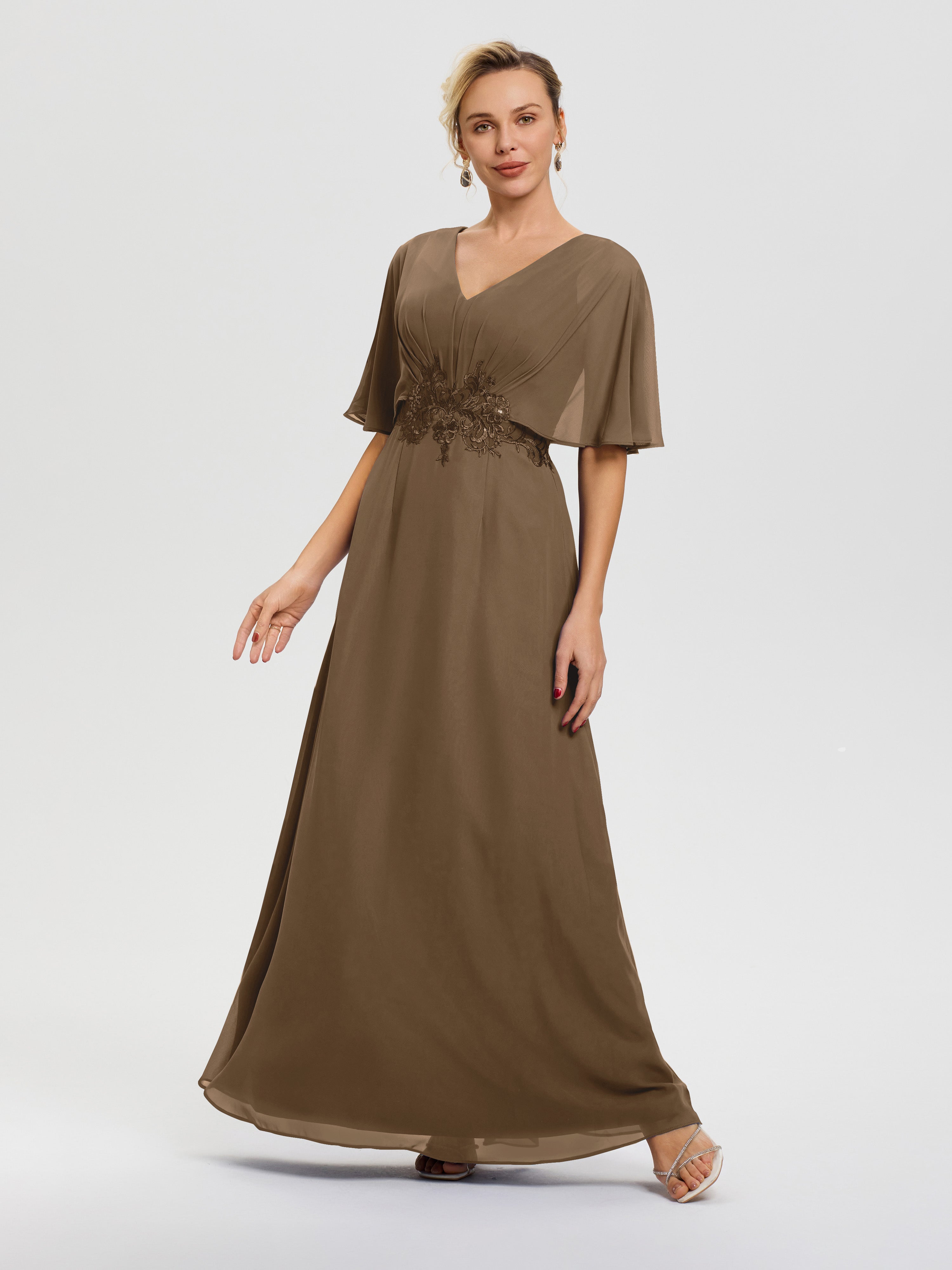 Robe Mariage Mère De La Mariée Moka Mousseline & Dentelle Col V Robe Mère De La Mariée