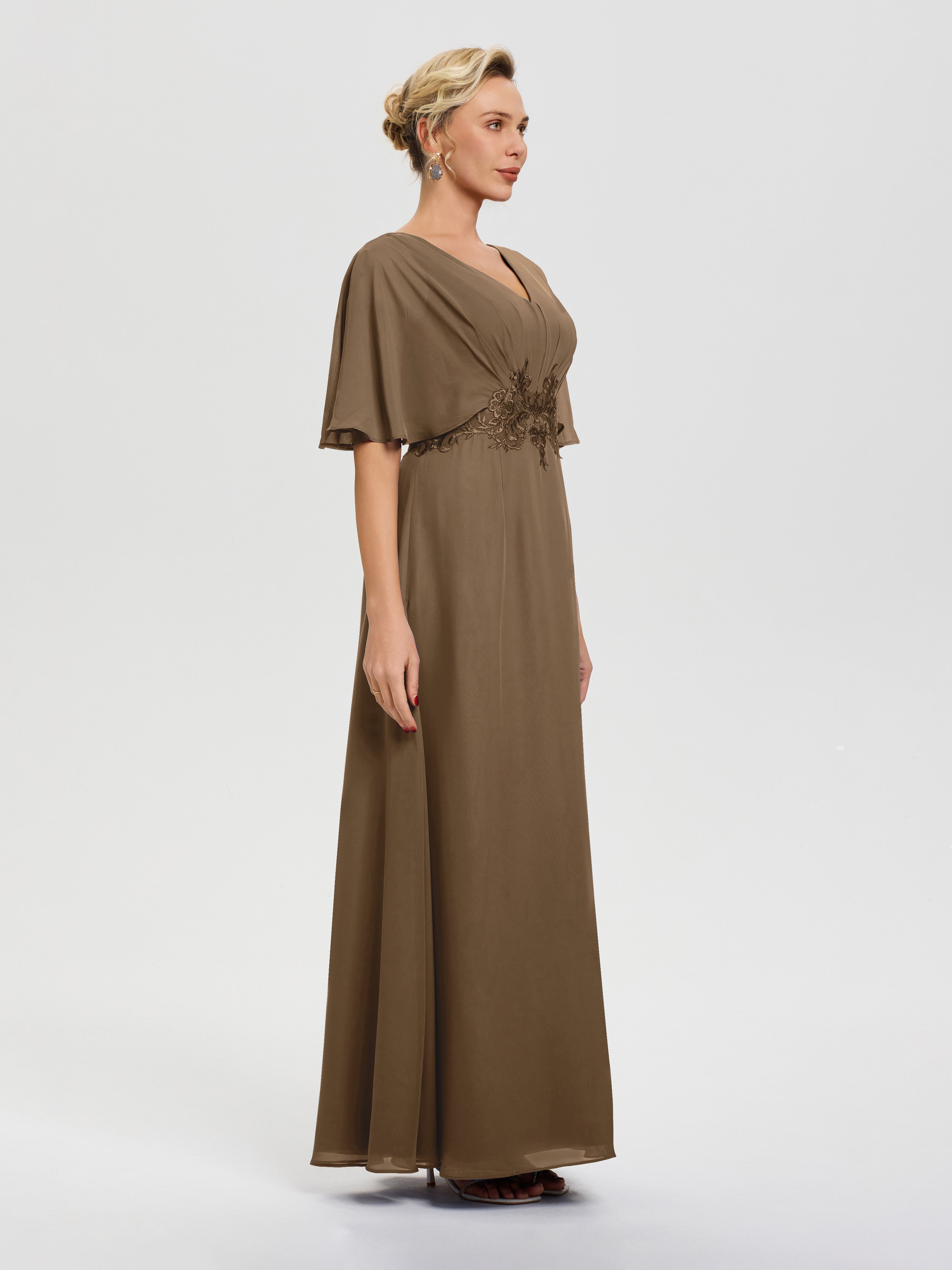 Robe Mariage Mère De La Mariée Moka Mousseline & Dentelle Col V Robe Mère De La Mariée
