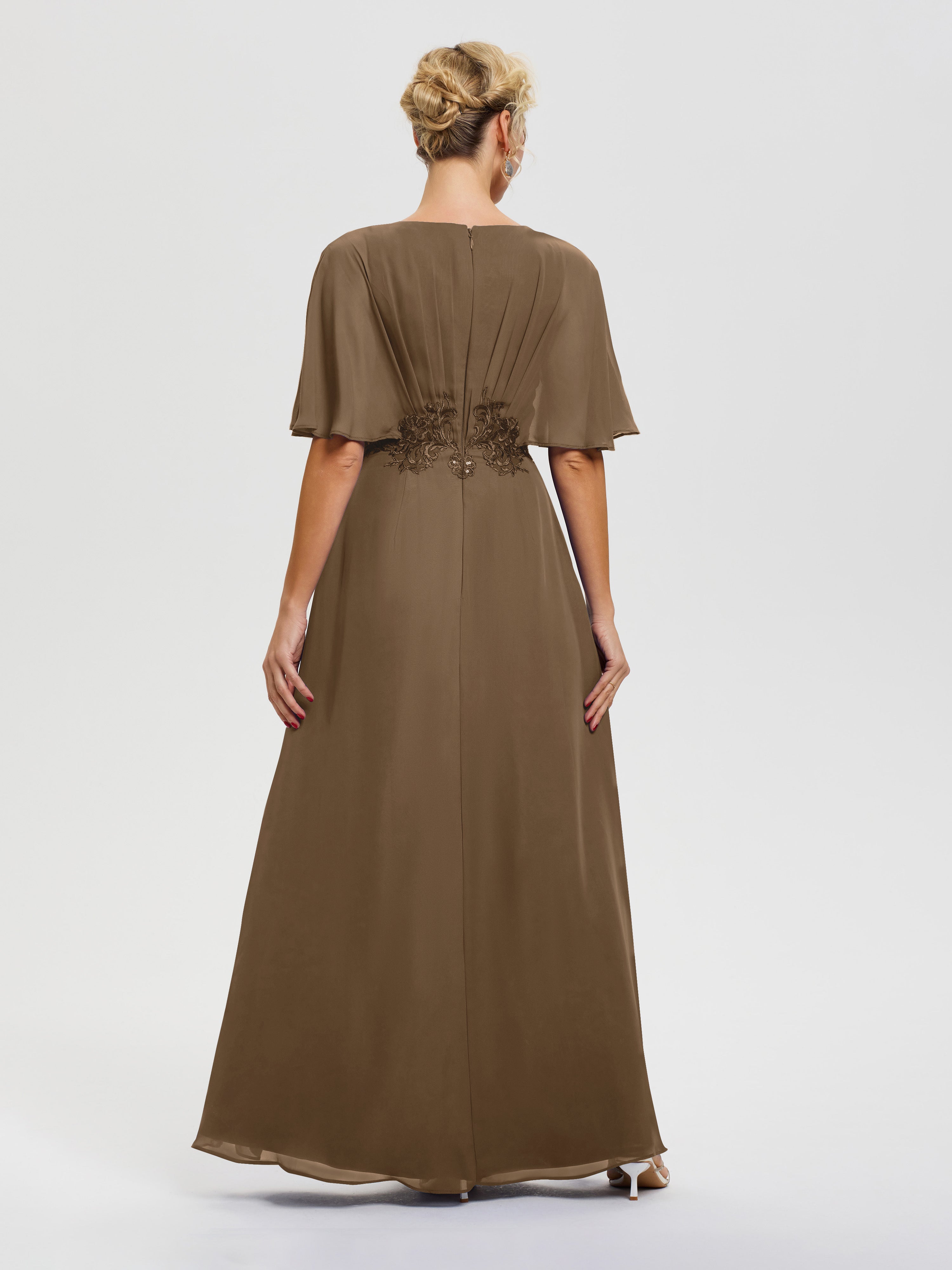 Robe Mariage Mère De La Mariée Moka Mousseline & Dentelle Col V Robe Mère De La Mariée
